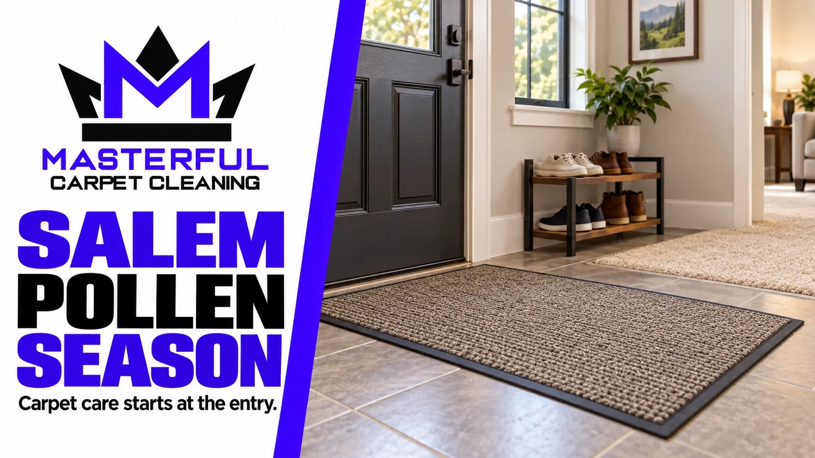 Salem pollen season carpet care: an illustrative entry mat on hard flooring, shoe storage and a clear route to installed carpet.