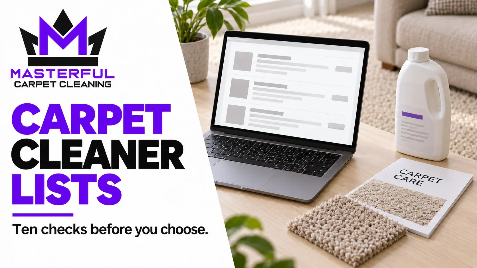 Carpet cleaner lists: illustrative laptop article, closed generic bottle, carpet care booklet and material sample, with Masterful branding and Ten checks before you choose.