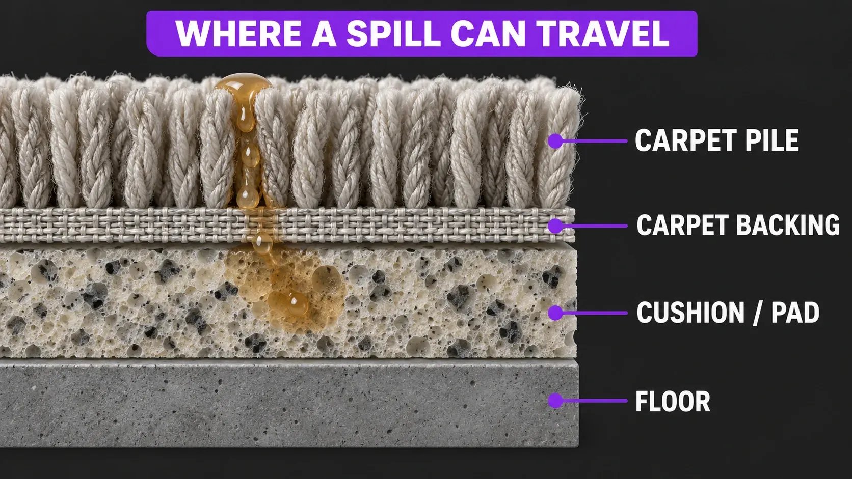 Labeled carpet cross section showing carpet pile, backing, cushion or pad, and floor, with a spill path reaching the cushion