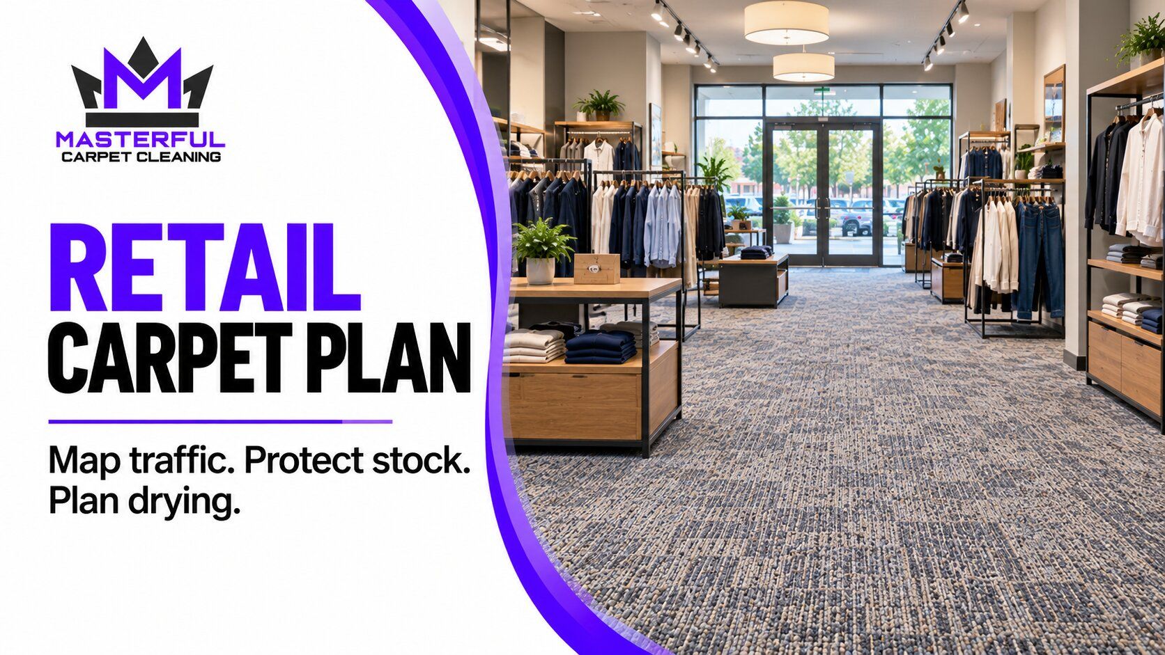 Masterful Carpet Cleaning retail carpet plan cover with an empty carpeted shop and the words Map traffic, protect stock, plan drying