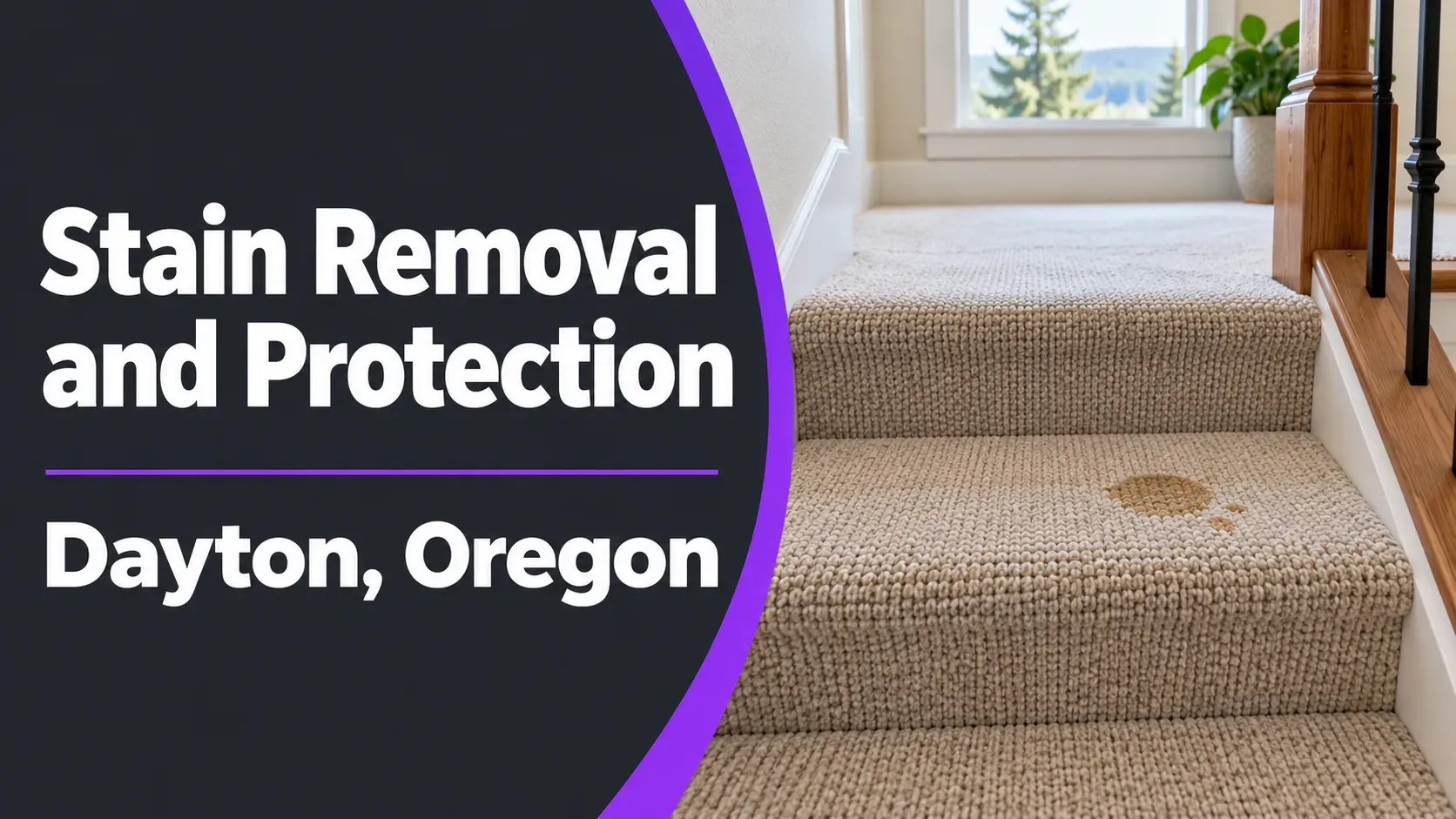 Graphic reading Stain Removal and Protection, Dayton, Oregon, beside an illustrated carpet spot