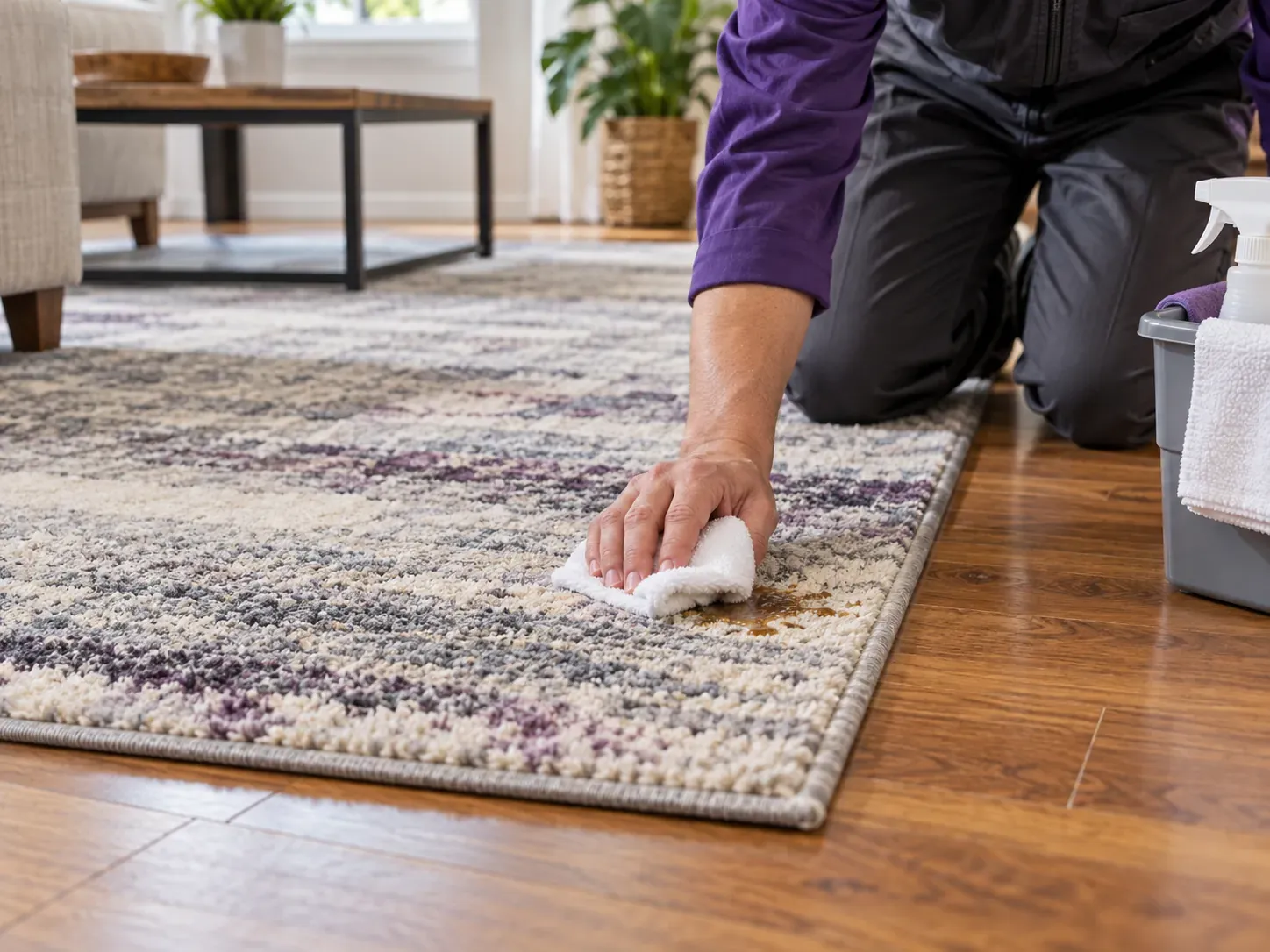 Technician blotting a small spill on a removable patterned area rug
