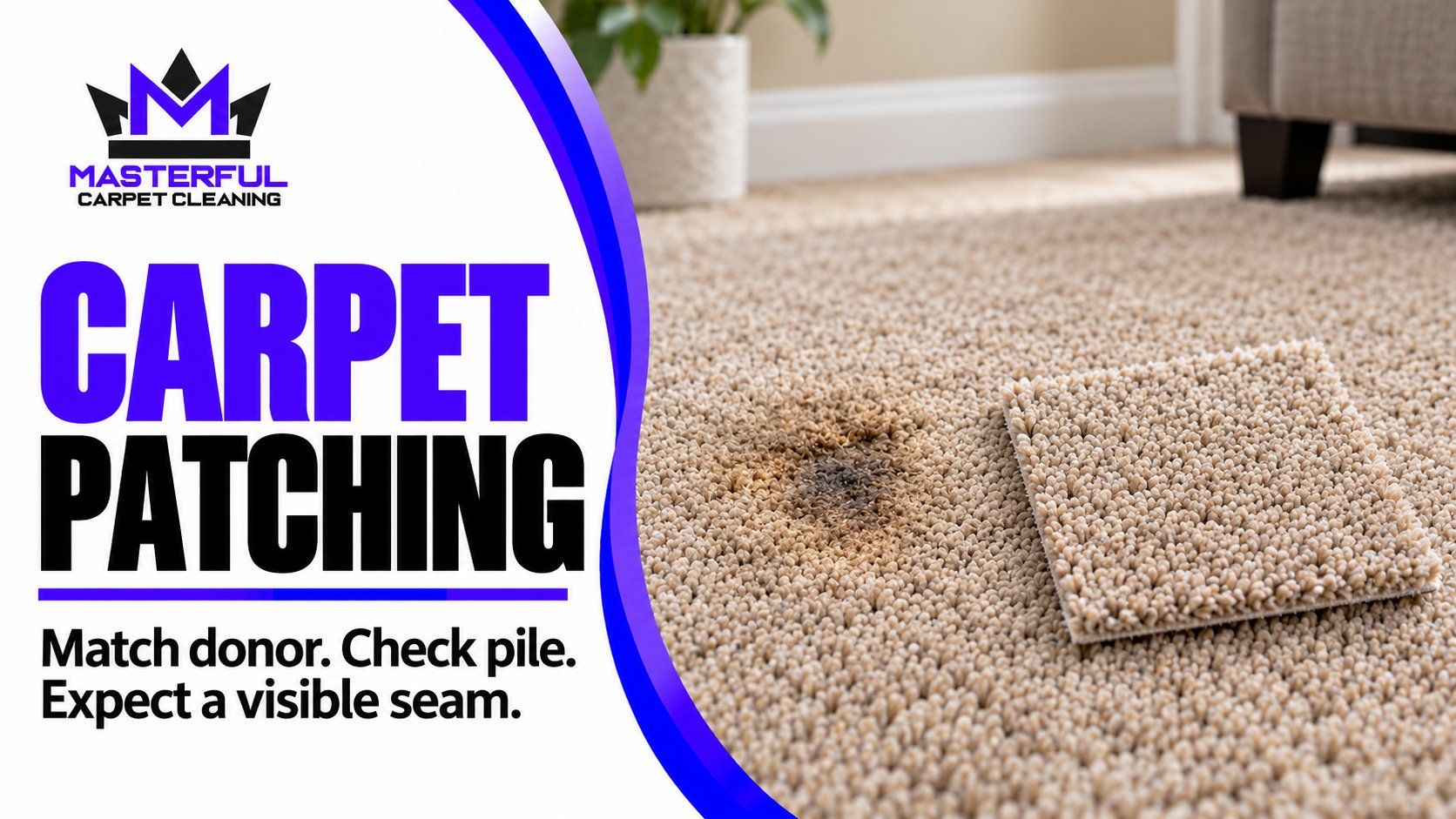 Masterful carpet patching cover with verified purple and black logo, a damaged beige carpet area beside a donor swatch, and text to match donor, check pile and expect a visible seam