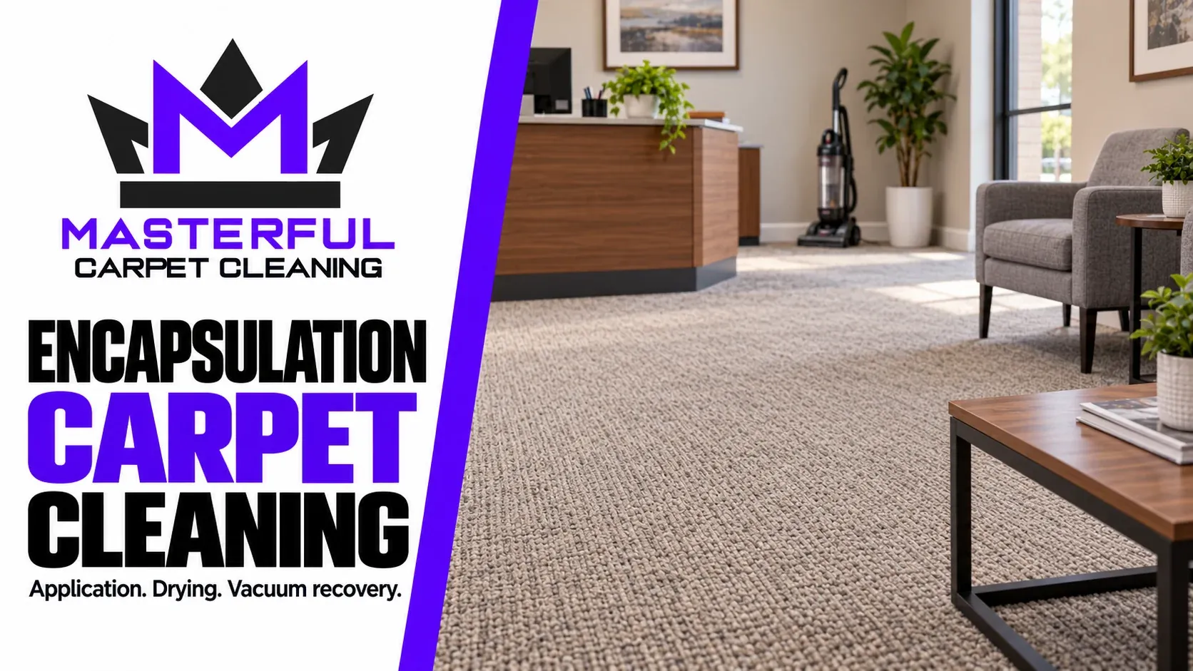 Encapsulation carpet cleaning: an illustrative office reception with installed carpet and a parked vacuum.