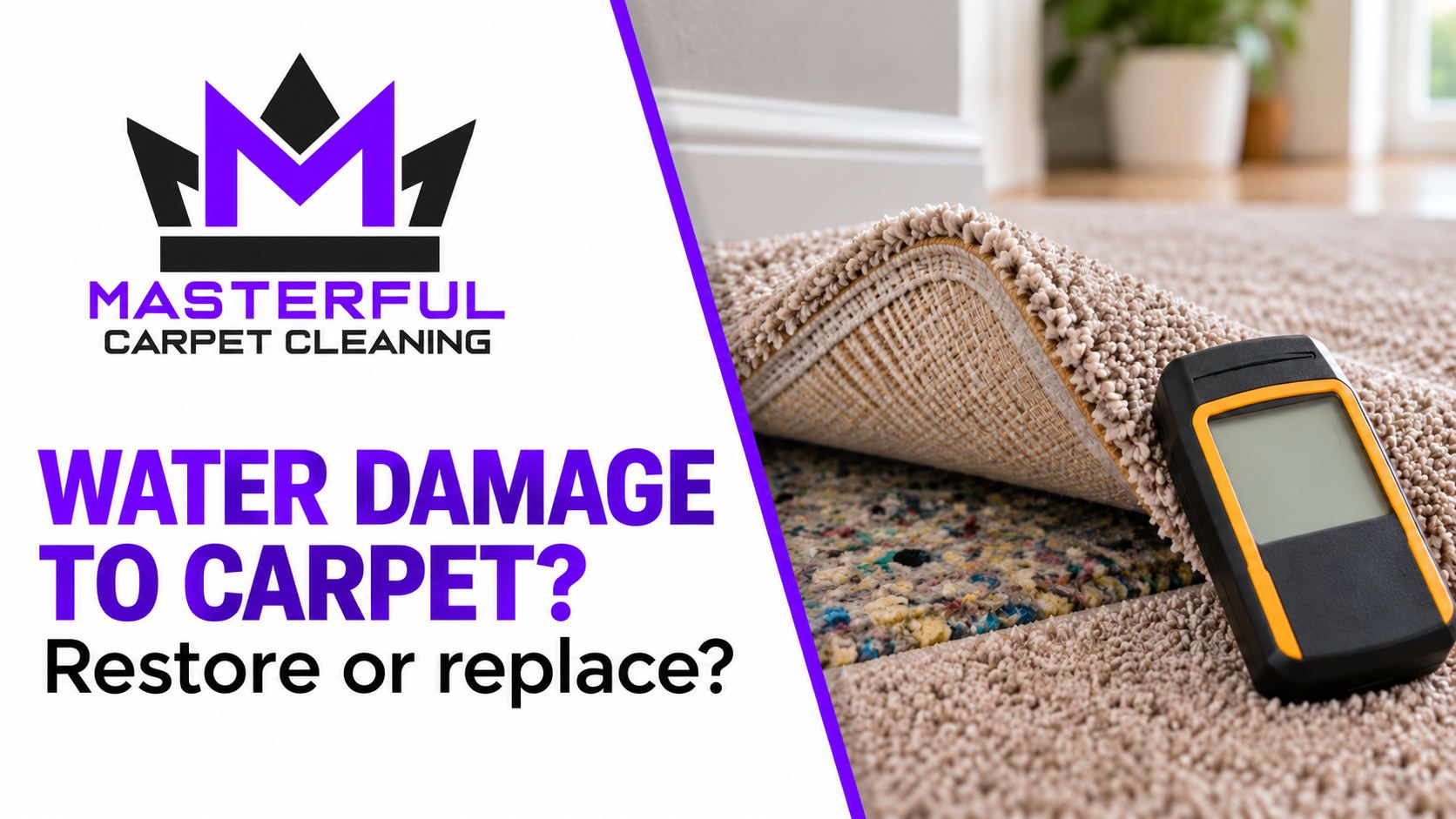 Masterful Carpet Cleaning cover showing lifted carpet, cushion and a blank moisture meter, with the title Water Damage to Carpet?