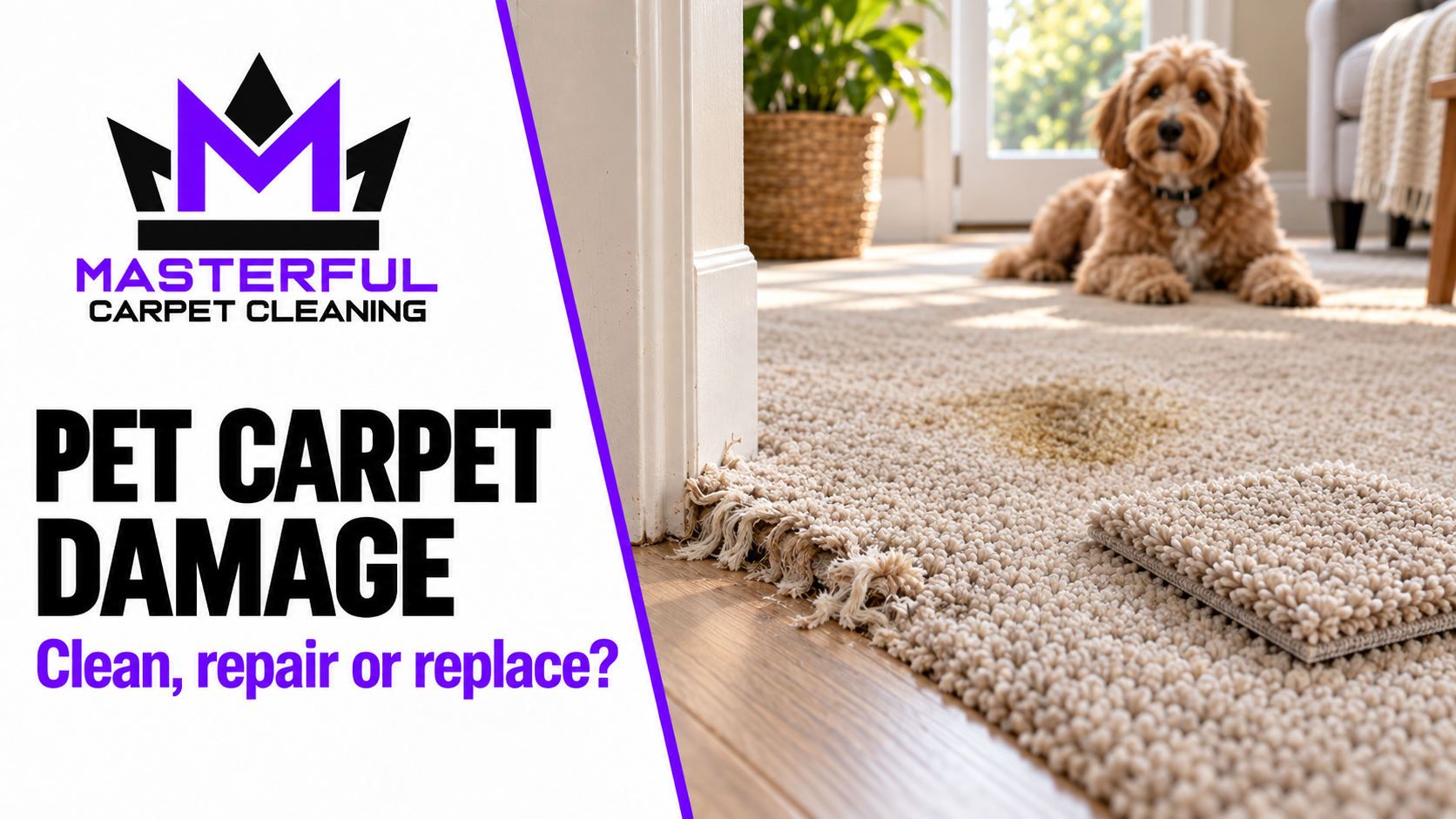 Masterful Carpet Cleaning cover showing a frayed carpet edge, a carpet sample and a dog, titled Pet Carpet Damage: Clean, repair or replace?