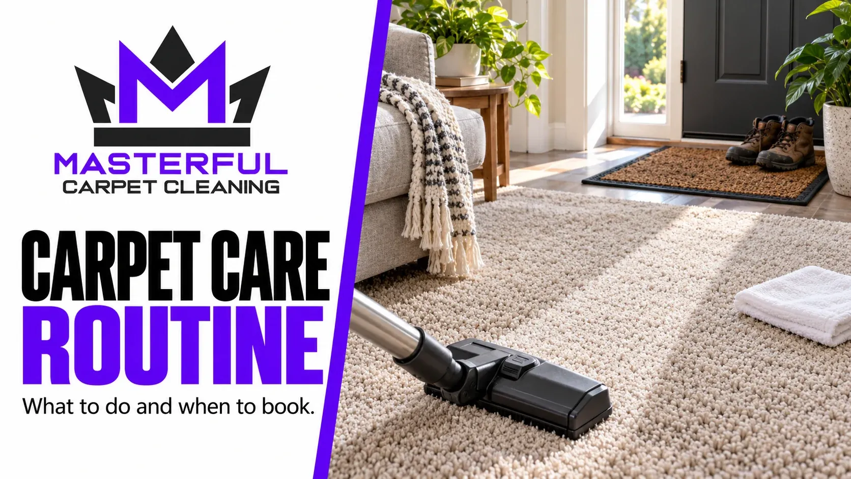 Masterful Carpet Cleaning cover: Carpet Care Routine, with a vacuum, entry mat and clean cloth