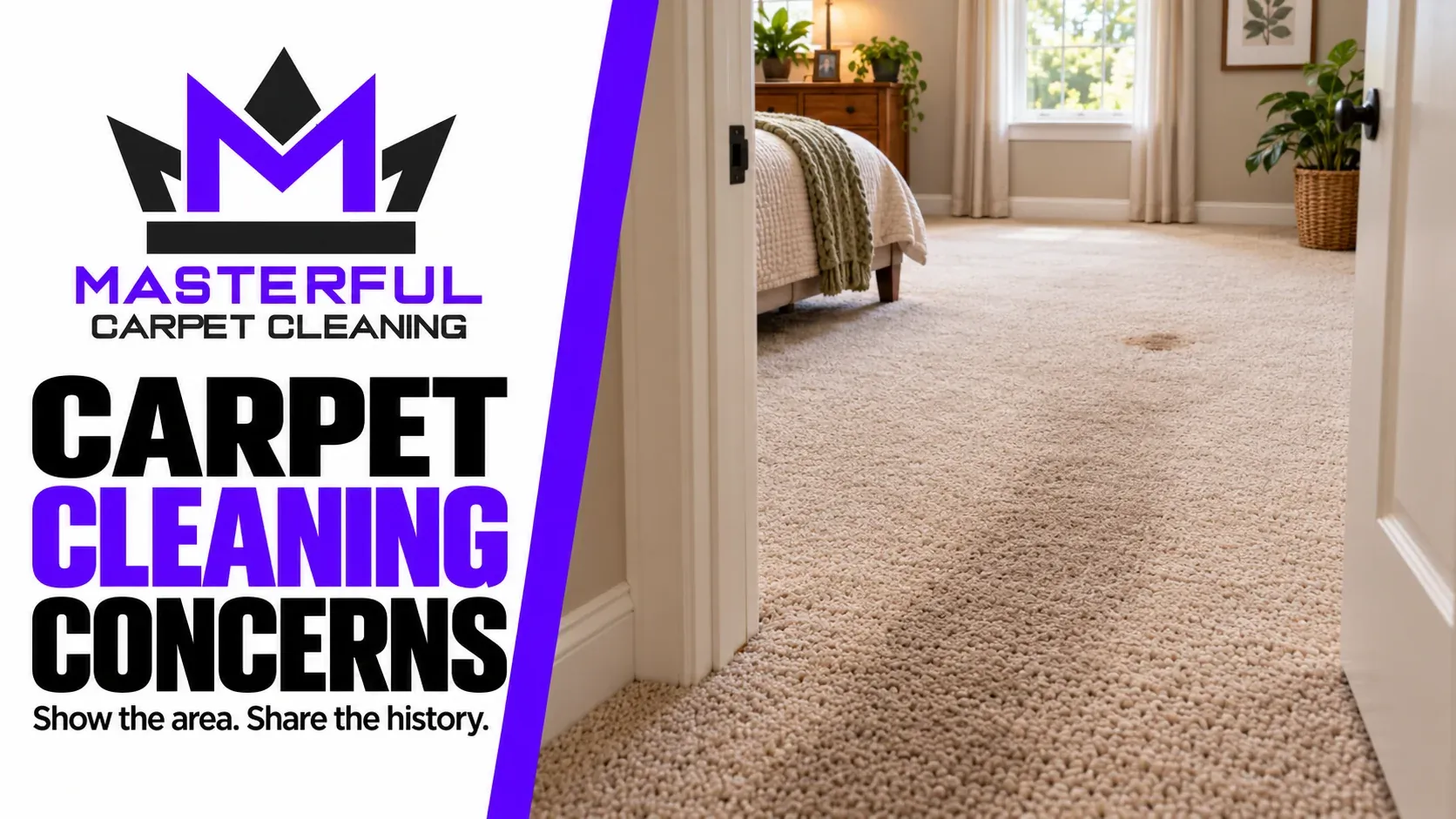 Carpet cleaning concerns: an illustrative room view with installed carpet and a small brown mark.