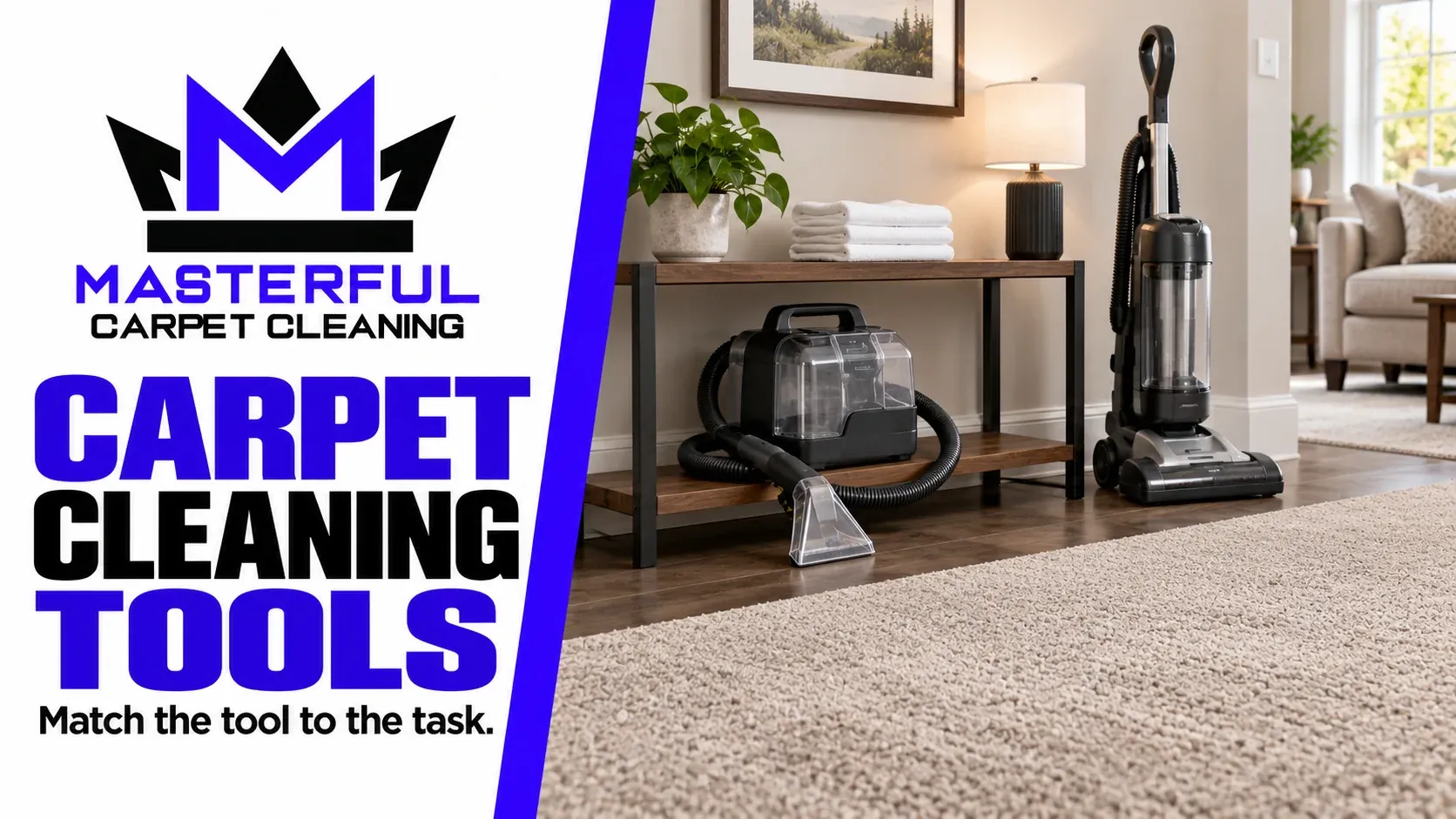 Carpet cleaning tools: illustrative stored dry vacuum, portable spot extractor and clean absorbent cloths beside installed carpet.
