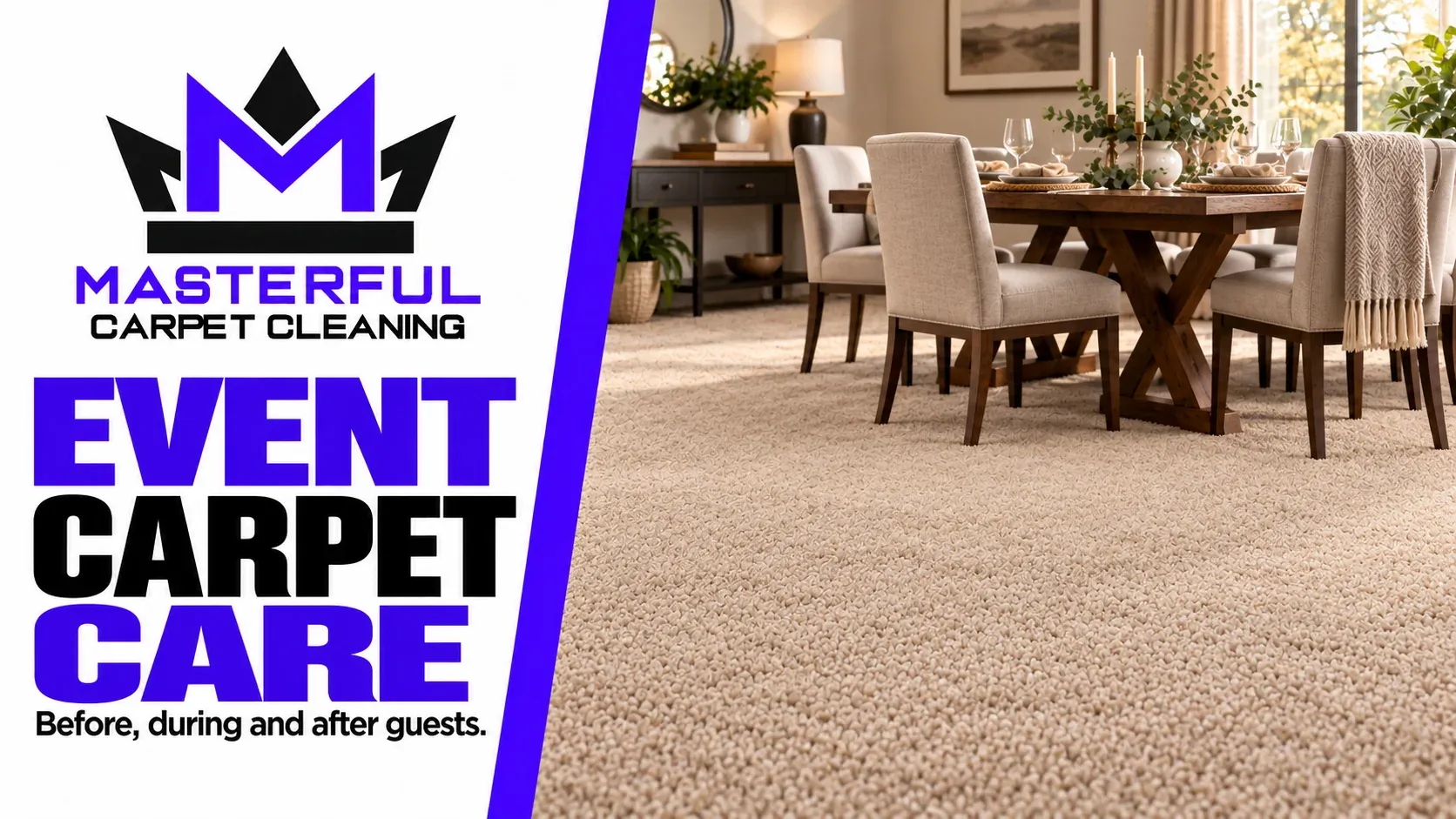 Event carpet care: an illustrative carpeted dining room prepared for guests.