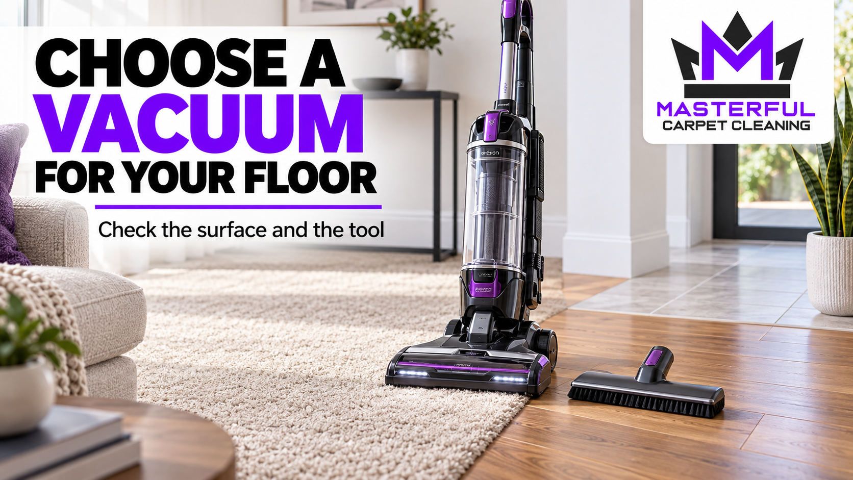 Masterful Carpet Cleaning vacuum selection guide cover showing a vacuum beside carpet and wood, with the words Choose a Vacuum for Your Floor