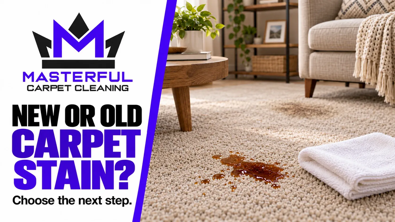Masterful Carpet Cleaning cover: New or Old Carpet Stain? A small carpet spill sits beside a folded white cloth
