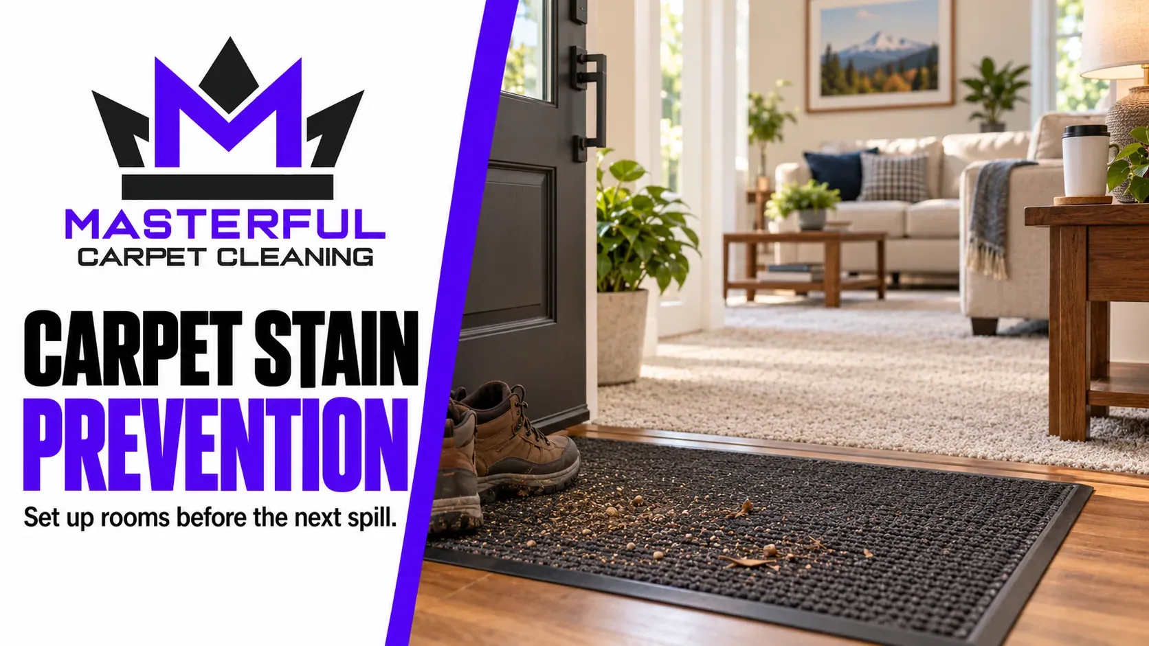 Masterful Carpet Cleaning cover: Carpet Stain Prevention, showing an entry mat by a carpeted living room and a drink on a side table.