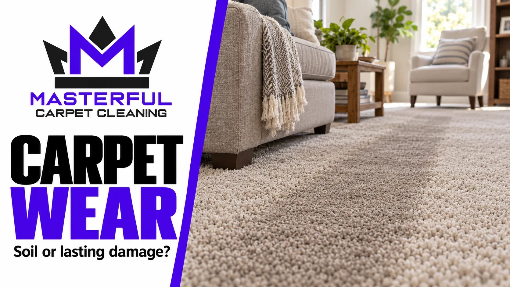 Masterful Carpet Cleaning cover: Carpet Wear, showing a darker flattened traffic path beside living room furniture
