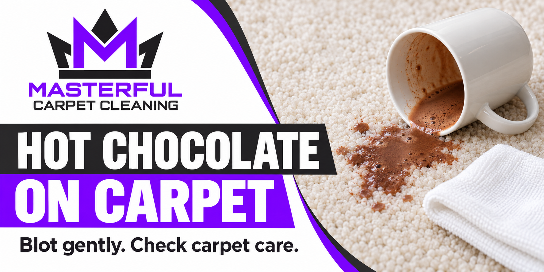 Illustration of a small hot chocolate spill on carpet with a tipped mug and a clean white cloth beside it.