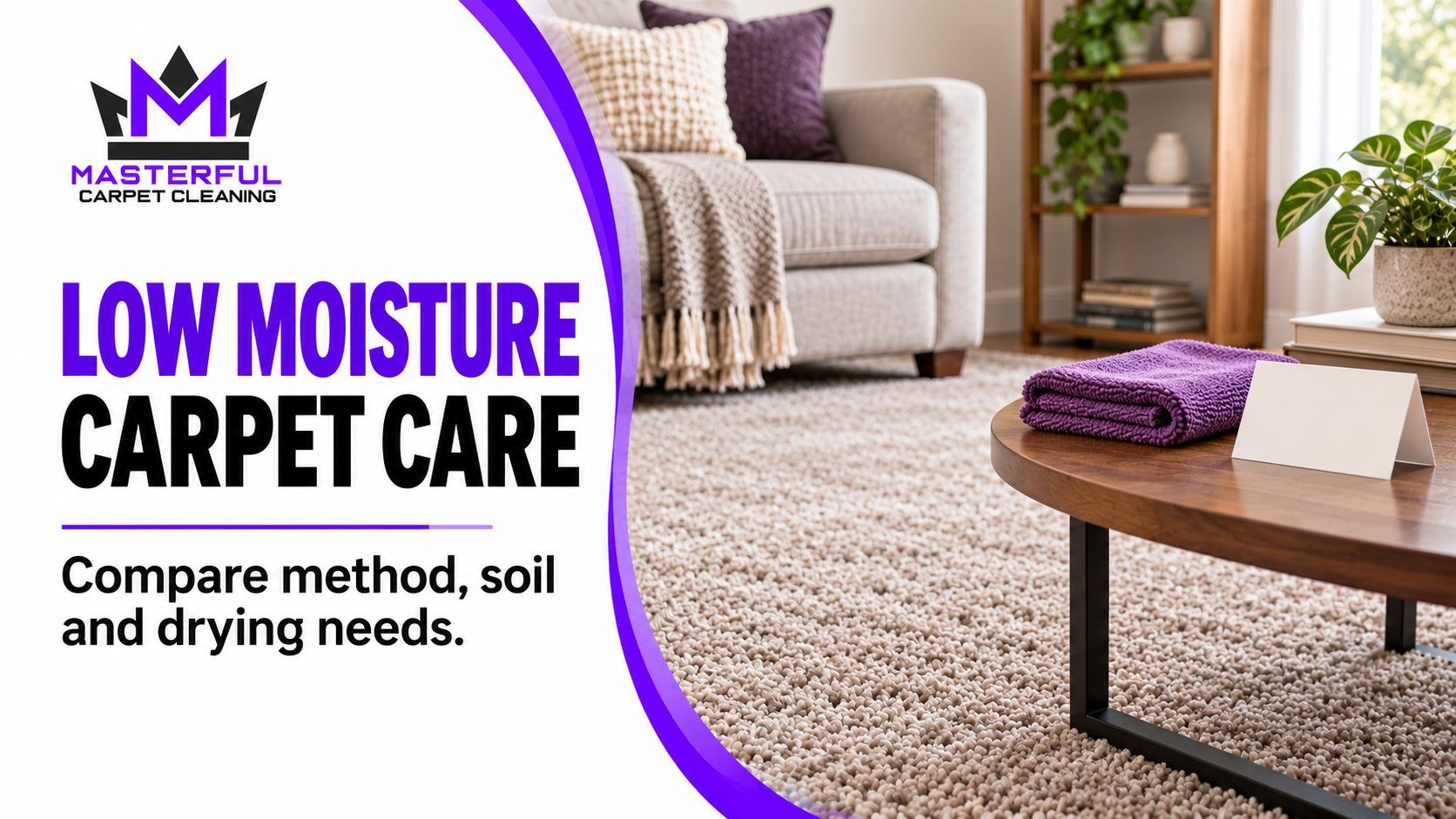 Illustrative carpeted room with the Masterful logo and words Low Moisture Carpet Care: Compare method, soil and drying needs.