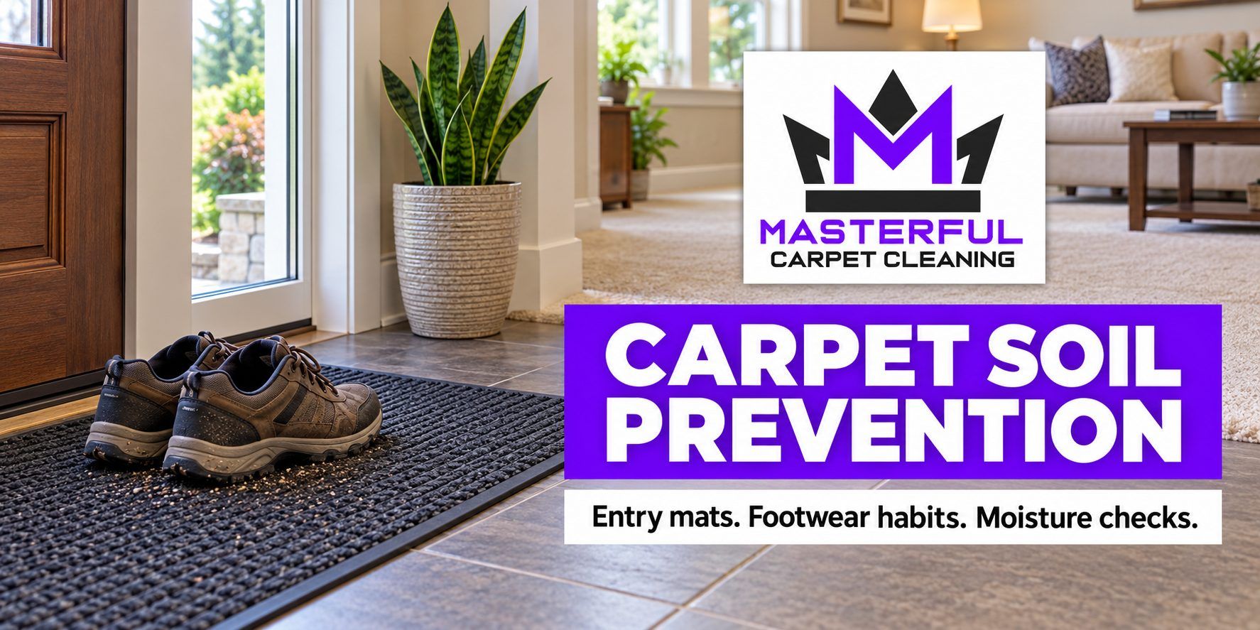 Masterful carpet soil prevention cover with purple and black logo, shoes and grit stopped on an entrance mat before beige fitted carpet