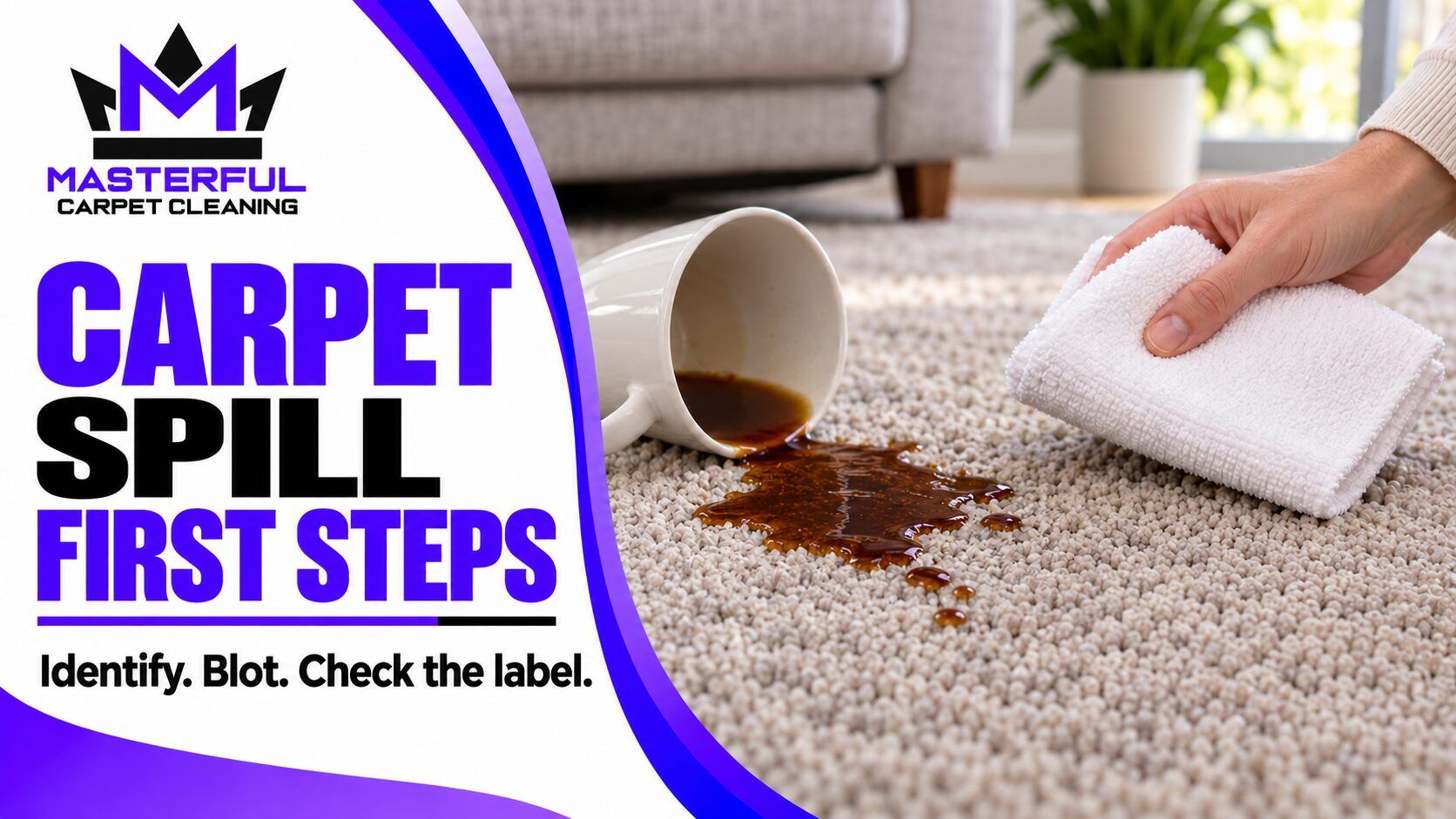 Masterful carpet spill guide with a small coffee spill, white cloth and the steps identify, blot and check the label