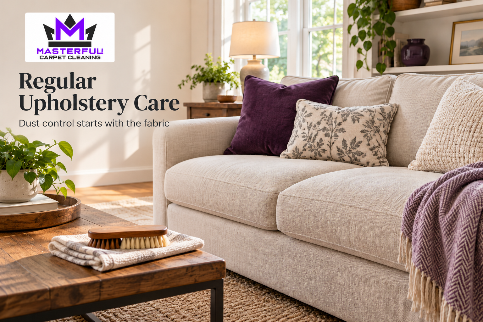 Neutral fabric sofa with Masterful Carpet Cleaning branding and the title Regular Upholstery Care.