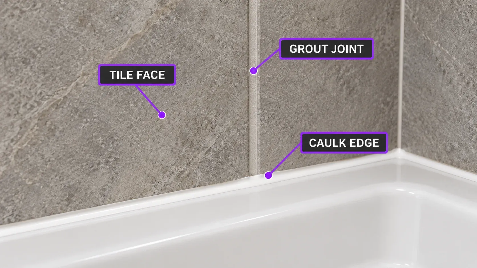 Labeled illustration pointing to the tile face, grout joint and caulk edge in a shower
