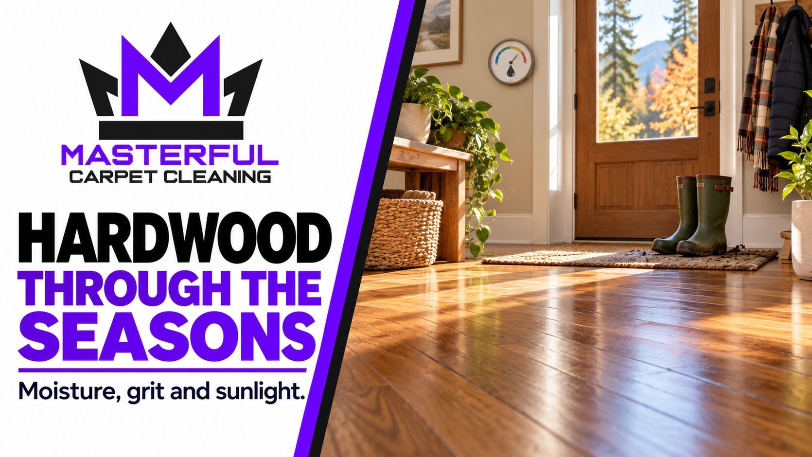 Illustrative hardwood entryway with rain boots, sunlight, a humidity meter and the Masterful Carpet Cleaning logo beside the words Hardwood Through the Seasons.