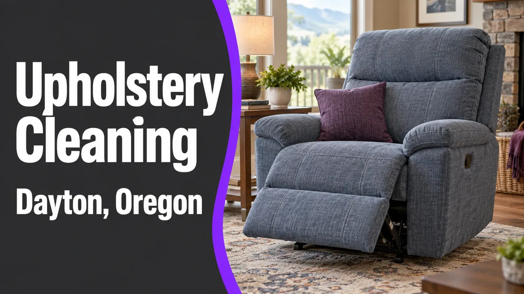 Graphic reading Upholstery Cleaning, Dayton, Oregon, beside illustrated fabric seating