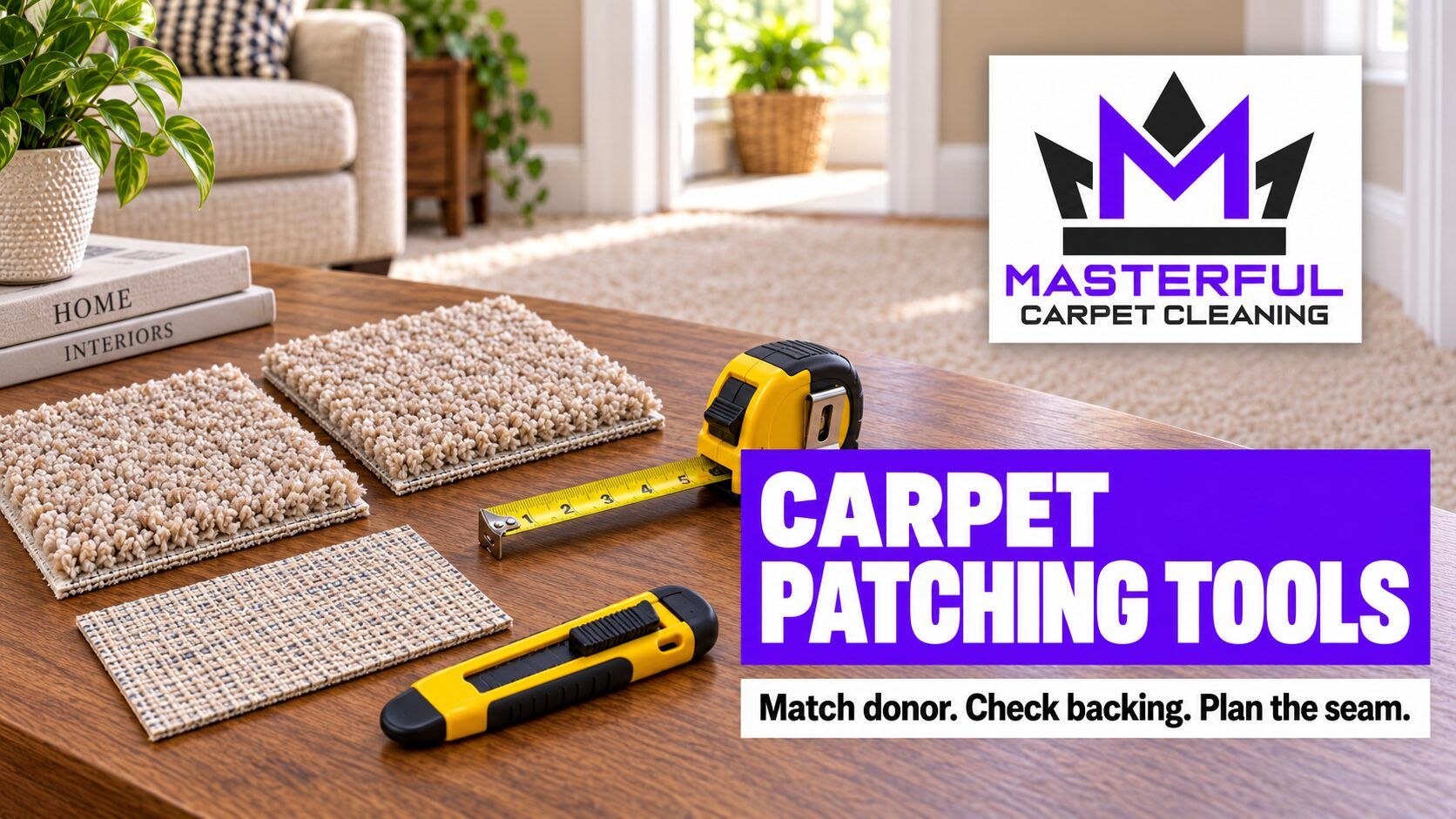 Two matching carpet samples and a backing sample beside a tape measure and capped utility knife, with Masterful Carpet Cleaning brand text