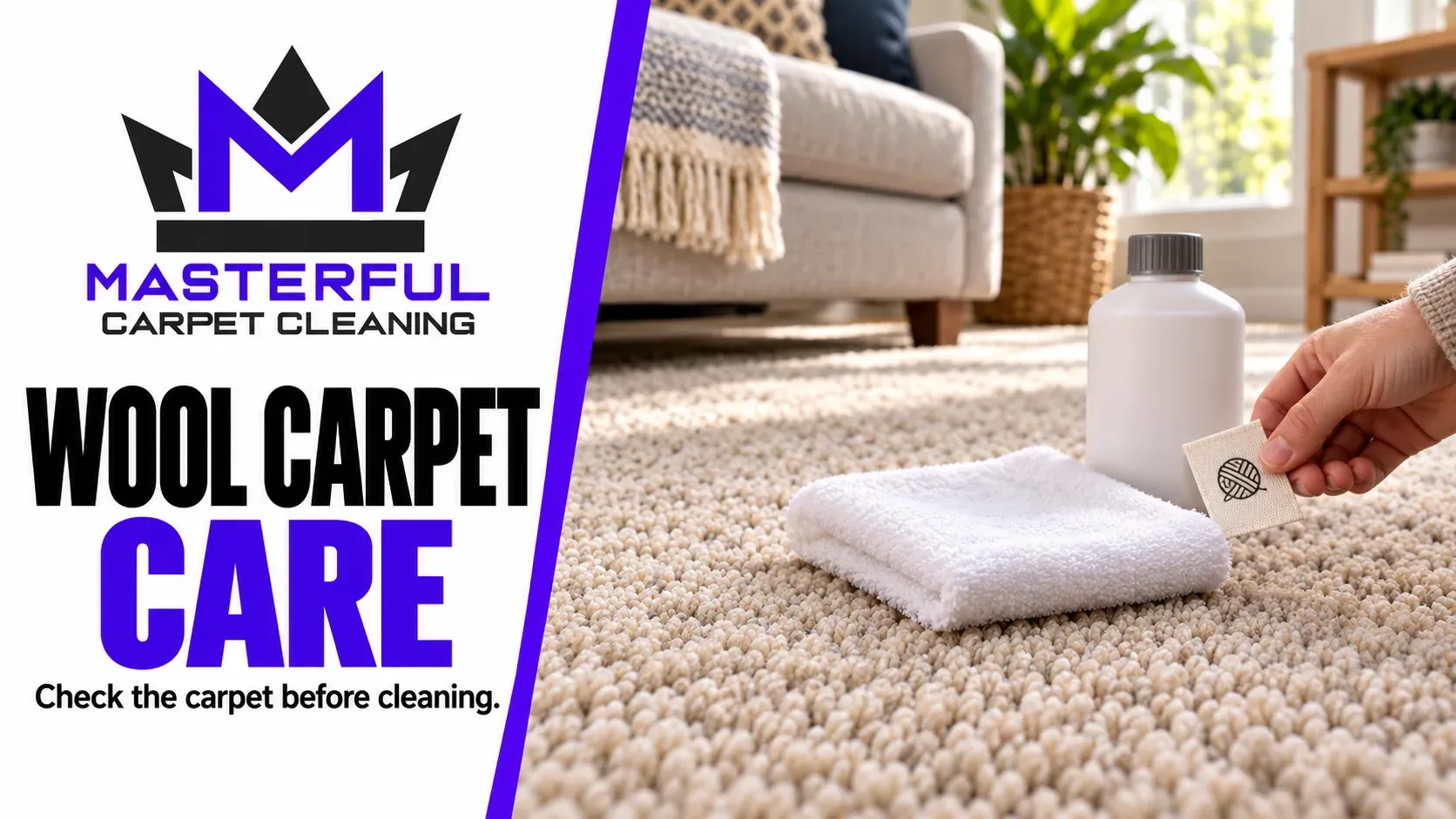 Masterful Carpet Cleaning cover: Wool Carpet Care, with a white cloth, closed generic bottle and an illustrated wool tag beside carpet