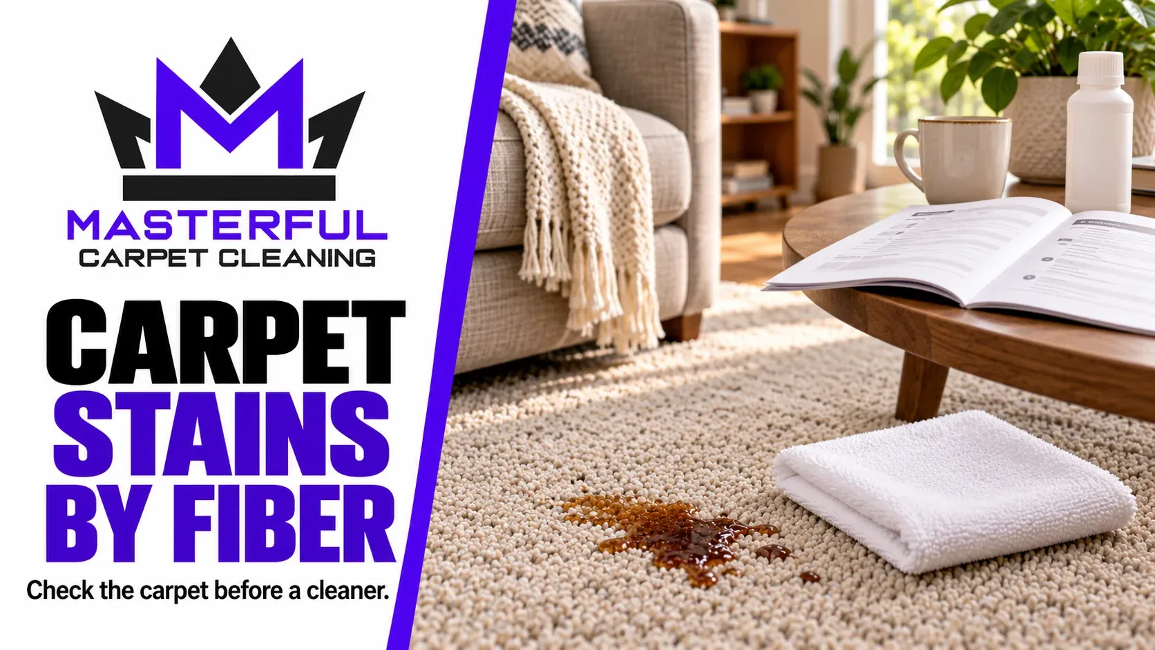 Masterful Carpet Cleaning Carpet Stains by Fiber cover with an illustrated spill, white cloth, open care sheet and closed generic bottle
