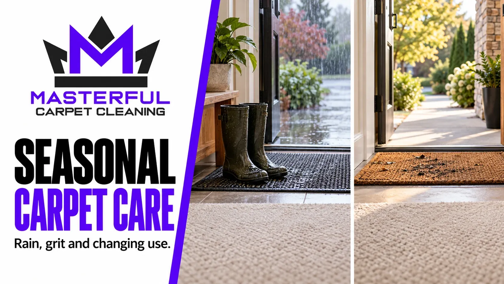 Masterful Carpet Cleaning cover: Seasonal Carpet Care, showing rainy footwear and dry weather grit at separate entry mats