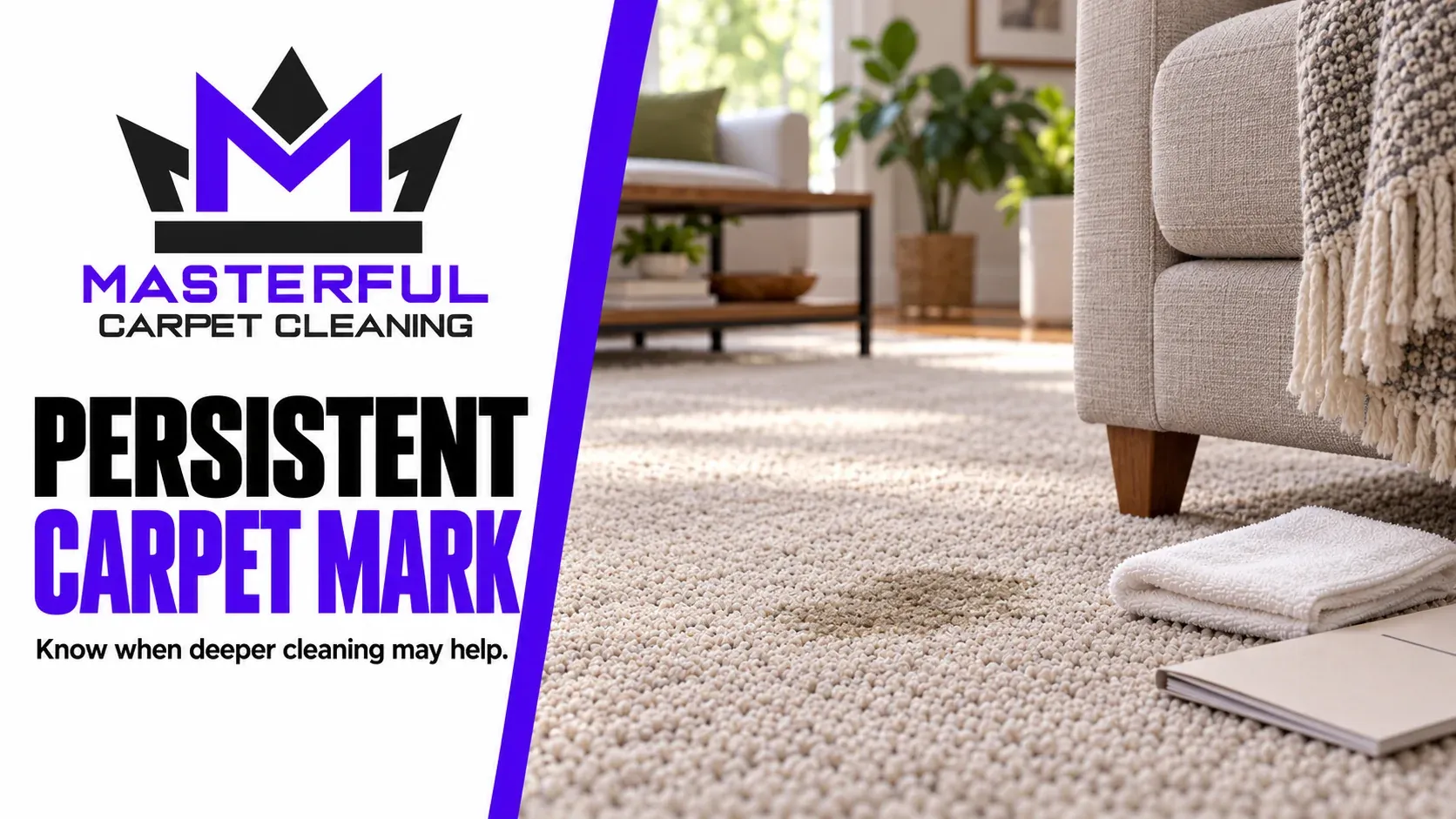 Masterful Carpet Cleaning cover: Persistent Carpet Mark, showing a small carpet mark beside a white cloth and a notebook in a living room.