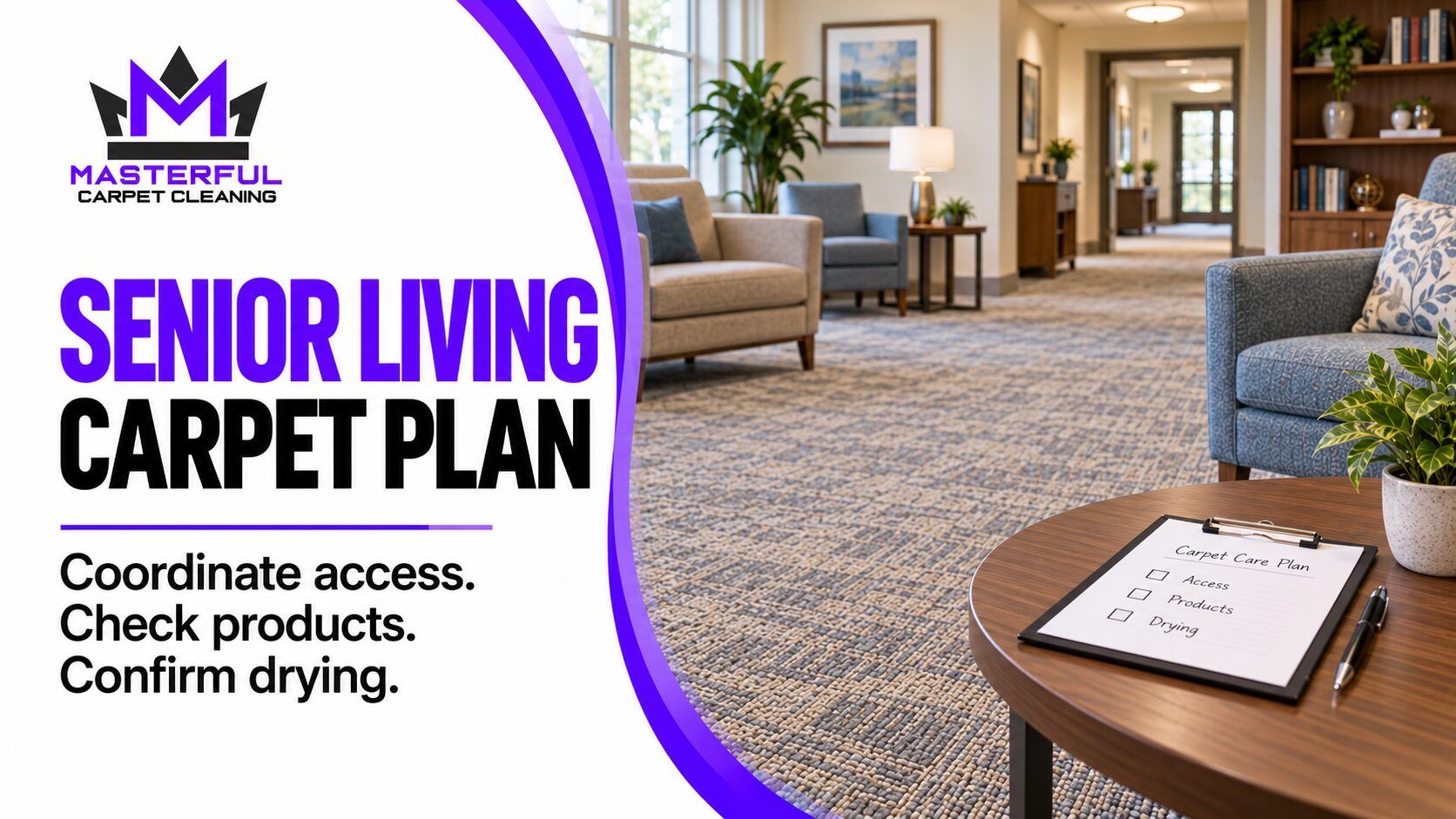 Masterful Carpet Cleaning senior living carpet plan cover with a carpeted common room and the words Coordinate access, check products, confirm drying