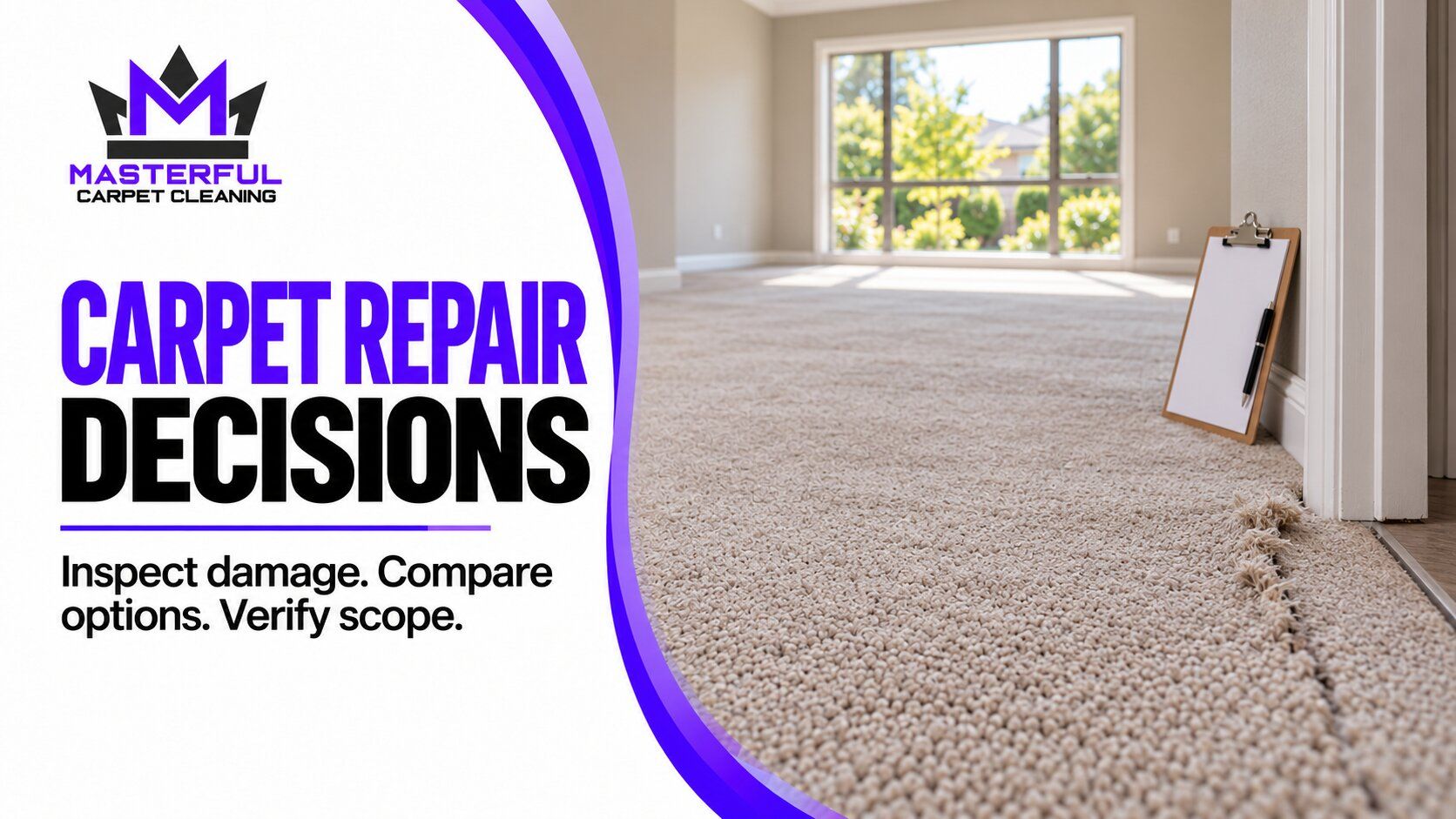 Masterful Carpet Cleaning carpet repair decisions cover with a frayed carpet edge and the words Inspect damage, compare options, verify scope