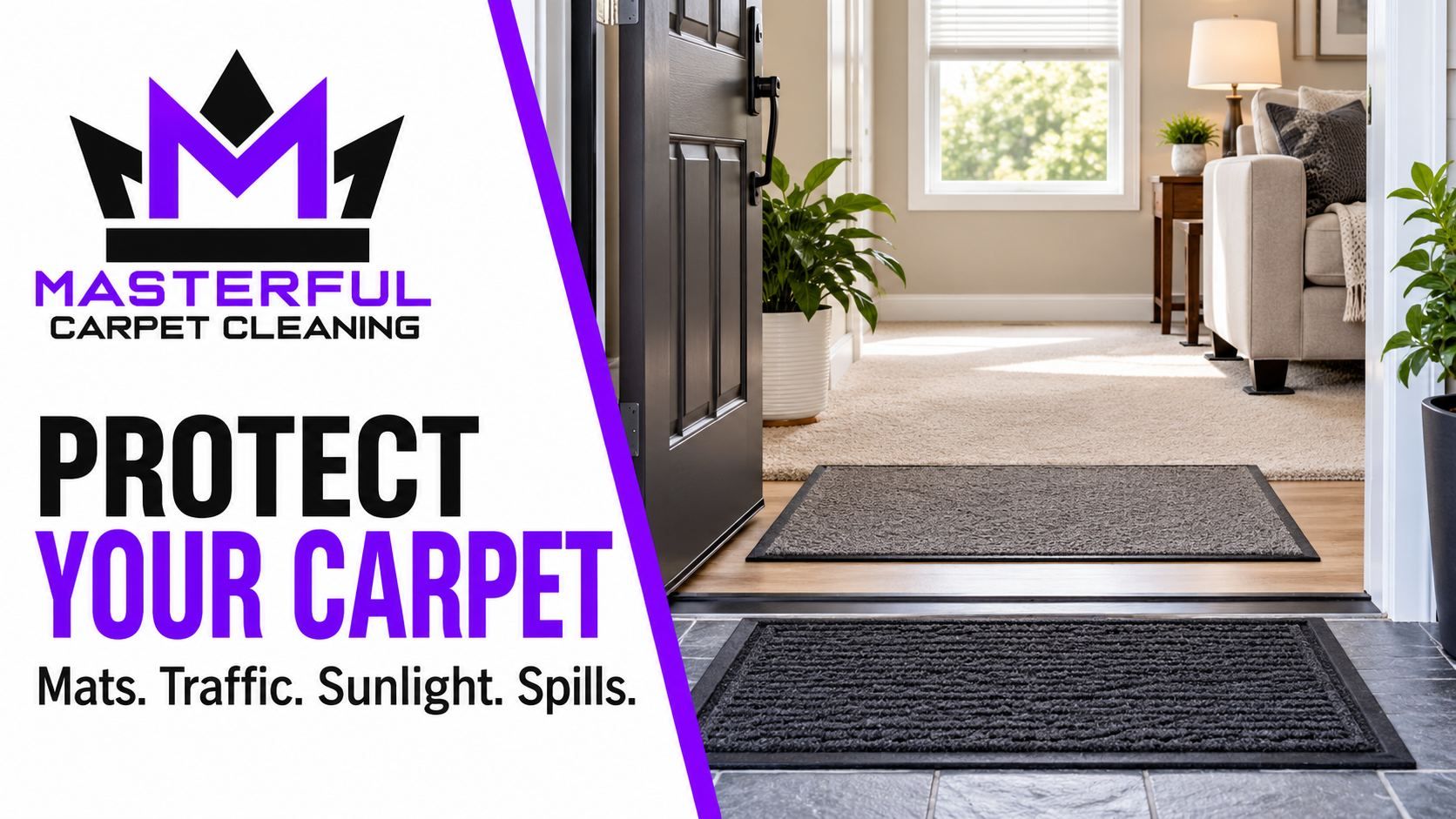Masterful Carpet Cleaning branded illustration of clean entrance mats, a sunlit room and protected furniture beside text about carpet care