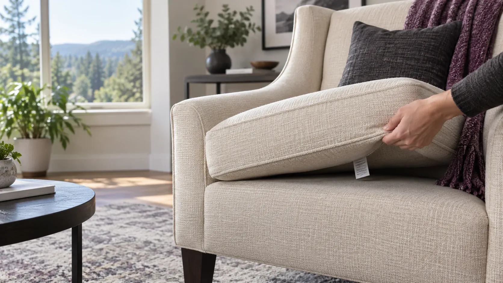 Fabric chair cushion lifted to show its upholstery care tag
