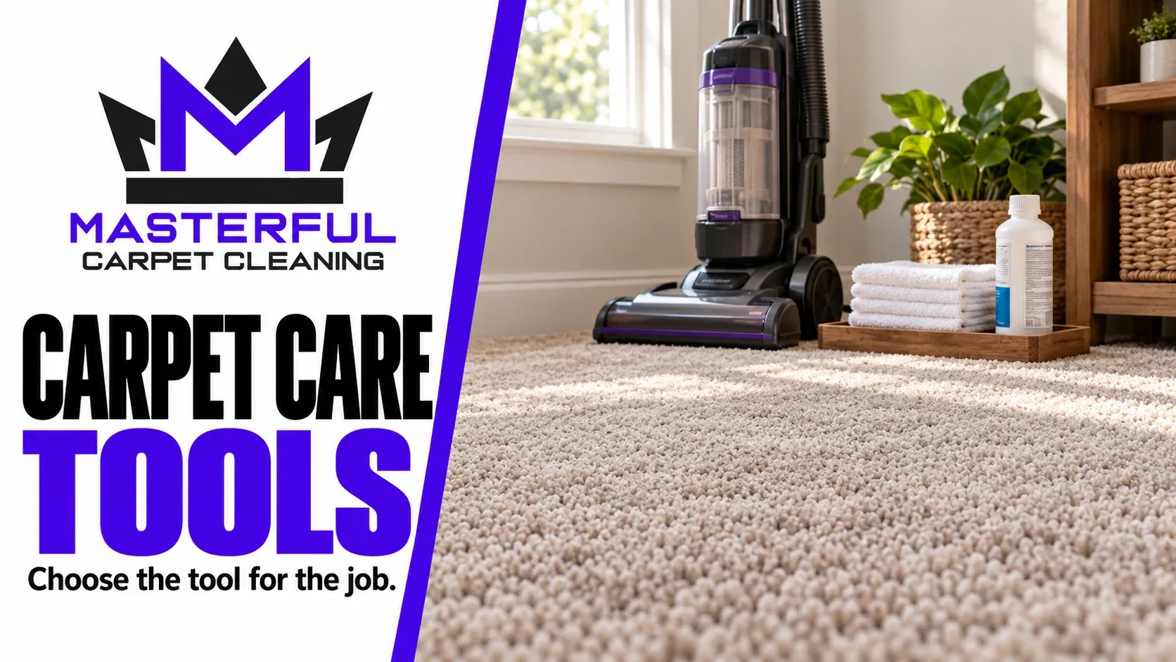 Masterful Carpet Cleaning cover: Carpet Care Tools, with a parked vacuum, folded white cloths and a closed cleaning product bottle