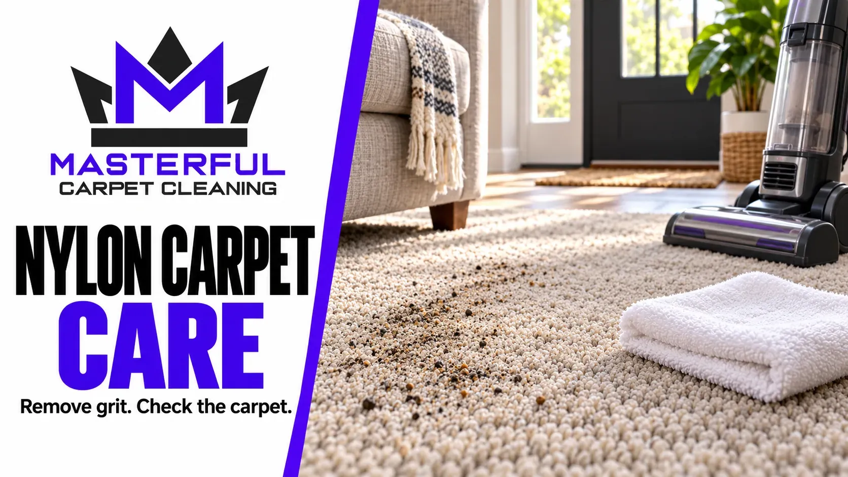 Masterful Carpet Cleaning cover: Nylon Carpet Care, with loose grit on carpet, a parked vacuum and a folded white cloth