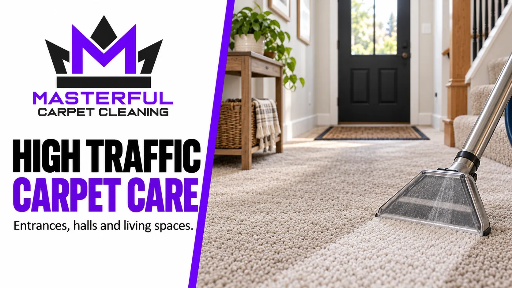 High traffic carpet care for entrances, halls and living spaces beside carpet cleaning equipment