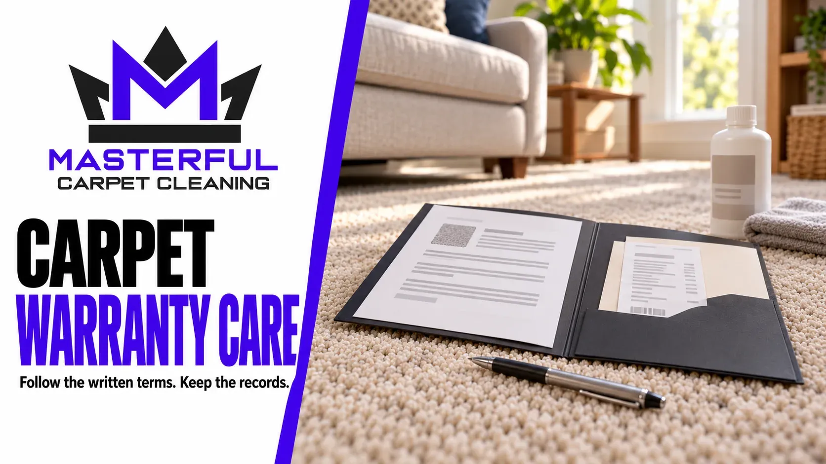 Masterful Carpet Cleaning cover: Carpet Warranty Care, with a document folder, generic receipt and pen beside carpet