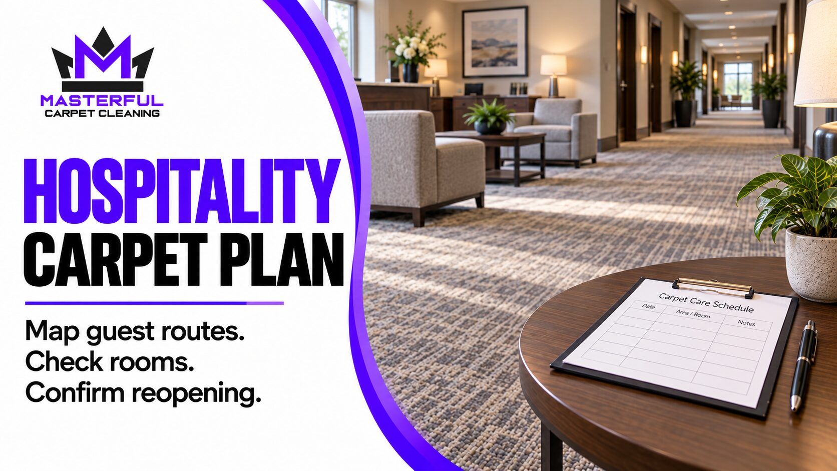 Masterful Carpet Cleaning hospitality carpet plan cover showing an empty hotel corridor and the words Map guest routes, check rooms, confirm reopening