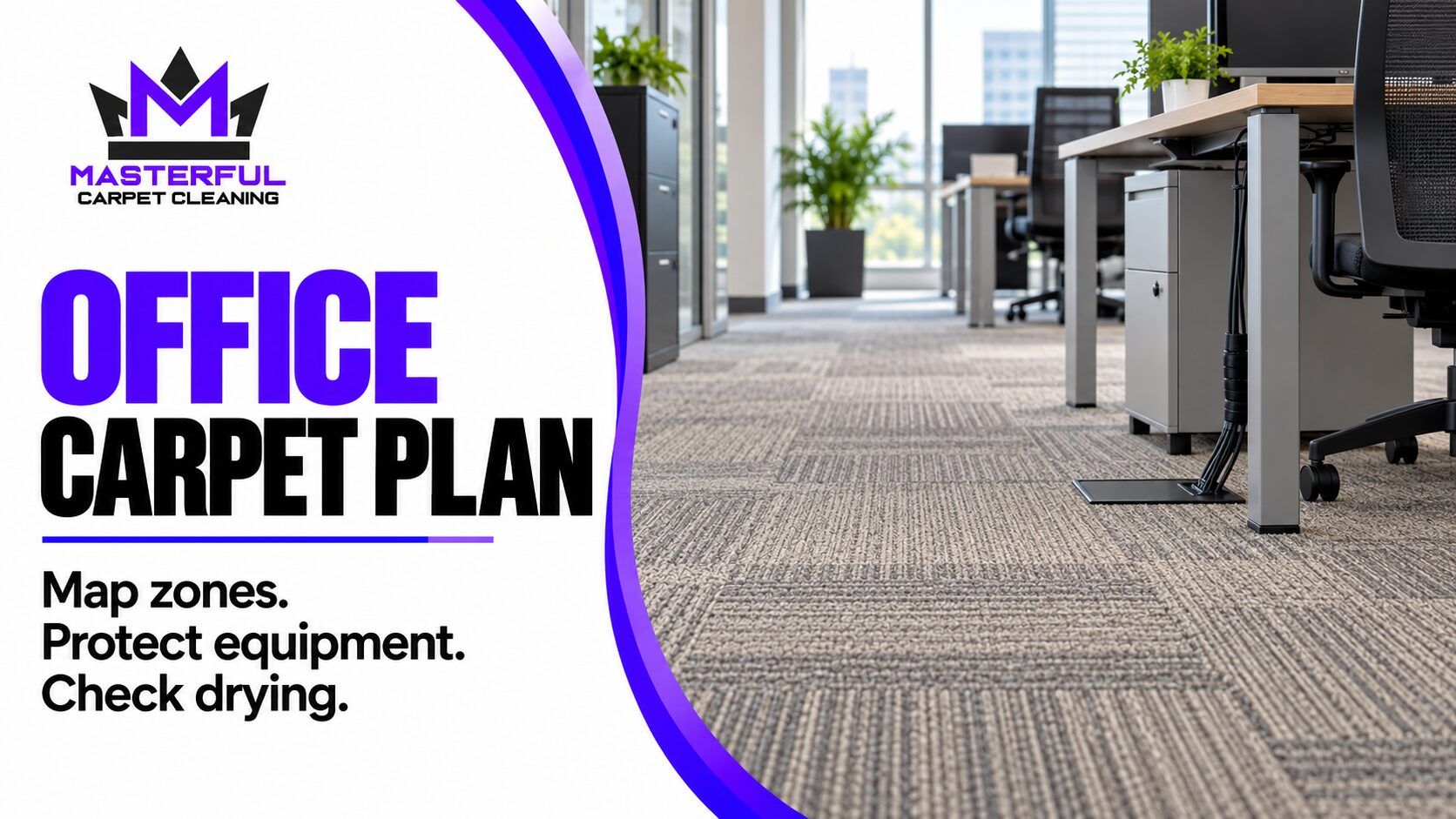 Masterful Carpet Cleaning office carpet plan: clear carpeted route between desks, with reminders to map zones, protect equipment and check drying.