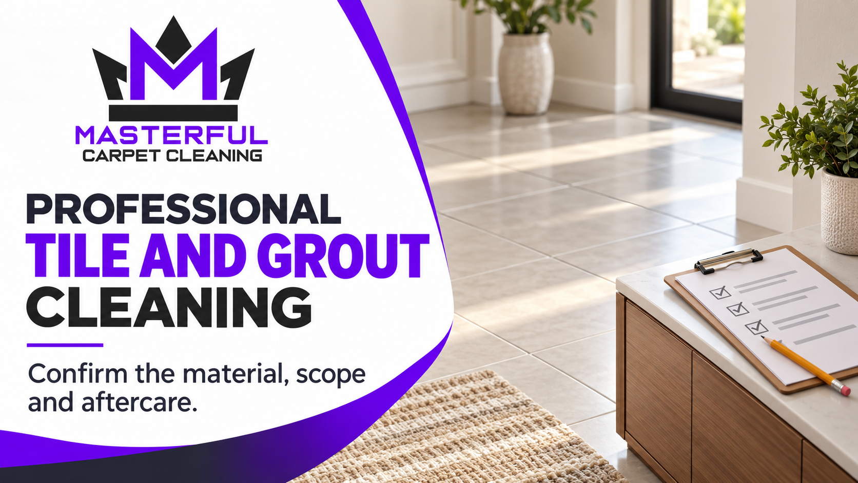 Illustrative tiled hallway with a clipboard and pencil beside the title Professional Tile and Grout Cleaning.