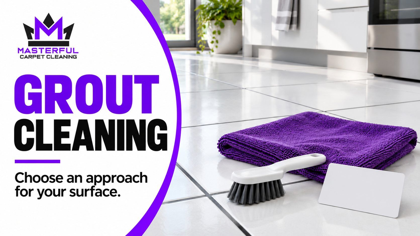 Masterful Grout Cleaning guide with tiled floor, grout brush and purple cloth