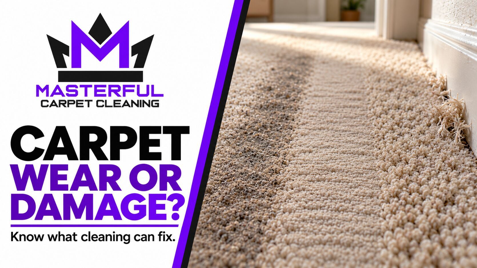 Illustrative worn carpet beside the Masterful Carpet Cleaning logo and the words Carpet Wear or Damage? Know what cleaning can fix.