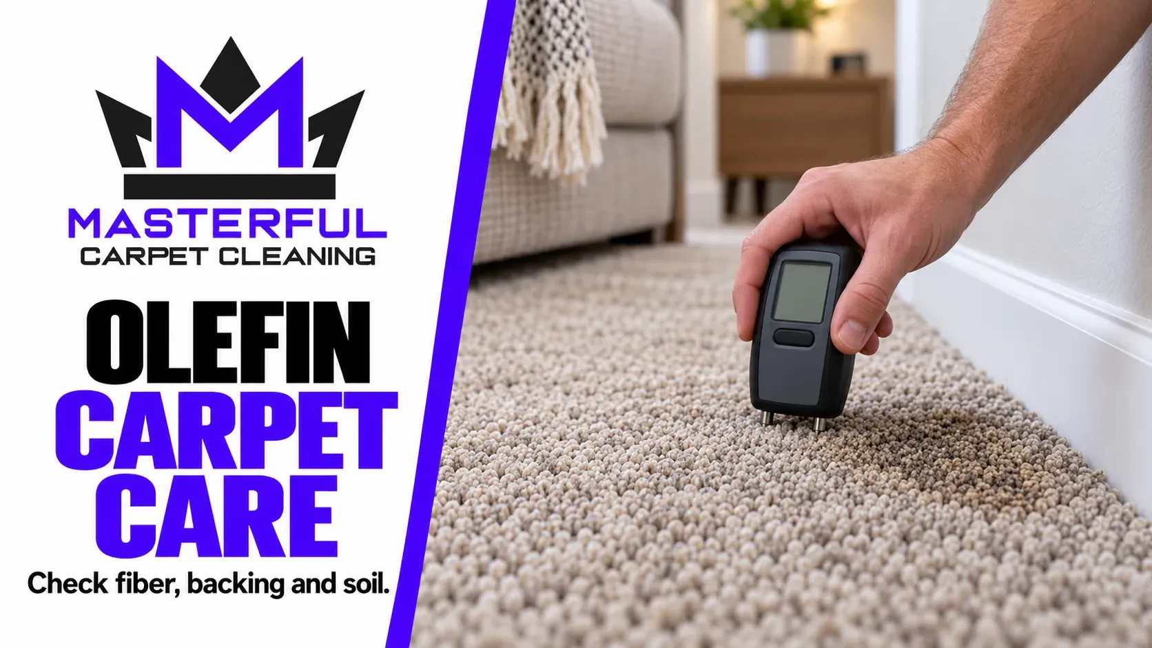 Masterful Carpet Cleaning cover: Olefin Carpet Care, with an illustrated moisture meter held near carpet