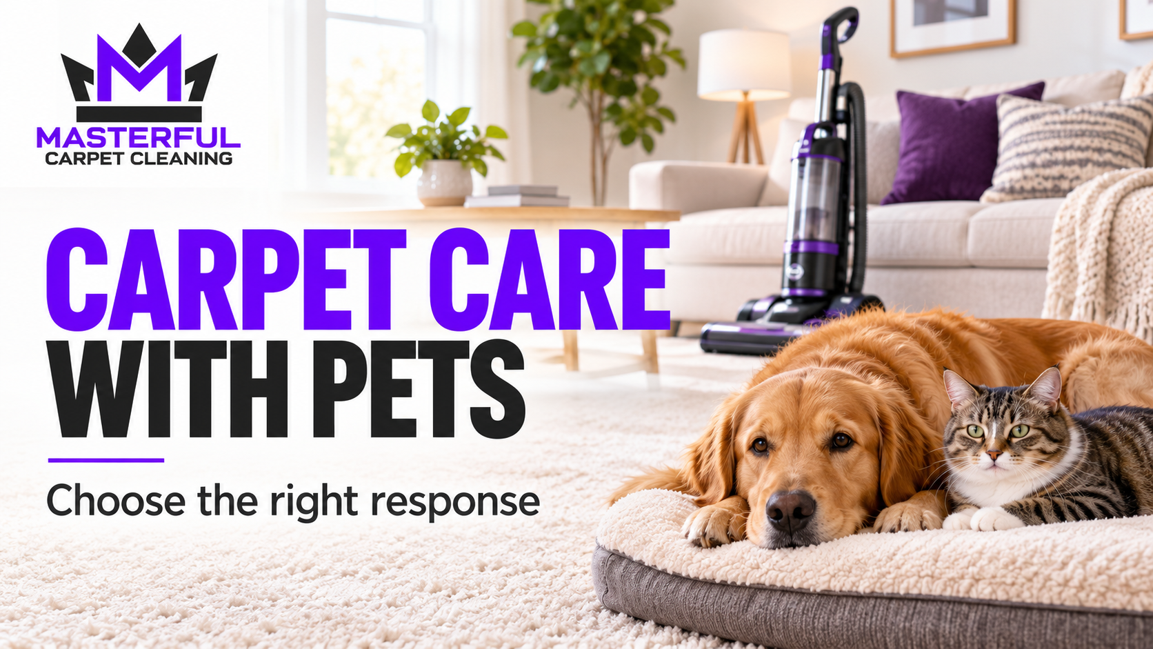 Dog and cat resting beside a vacuum in a carpeted room, with the message Carpet Care With Pets.