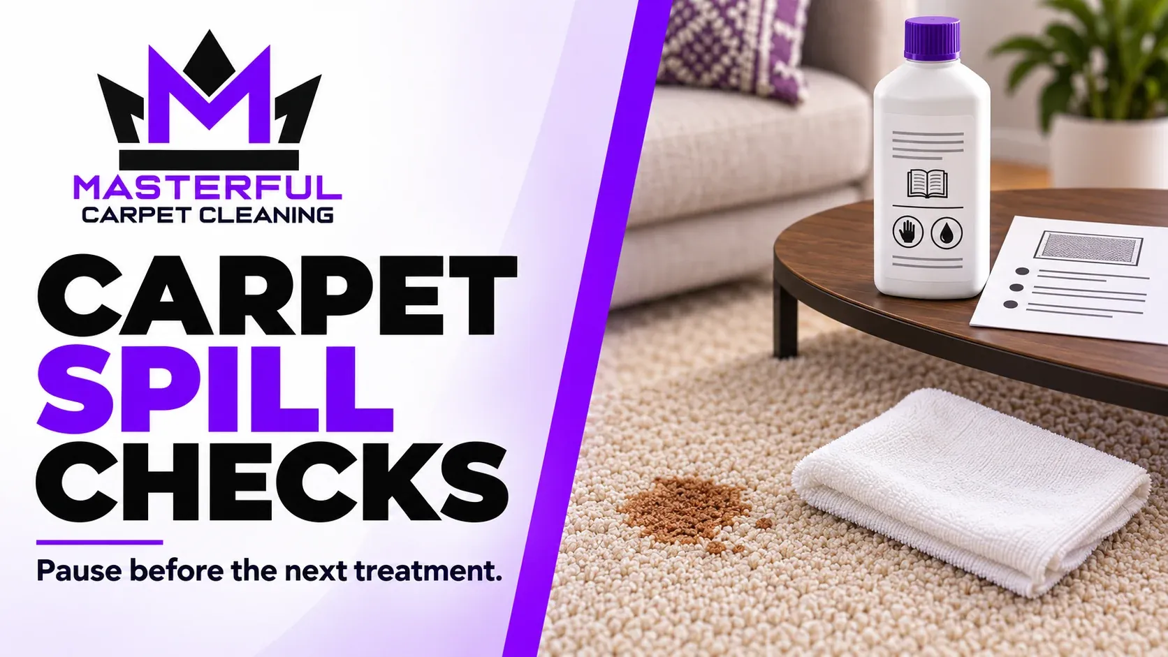 Masterful illustration: Carpet Spill Checks, pause before the next treatment, with a white cloth, closed sample bottle and carpet care sheet.