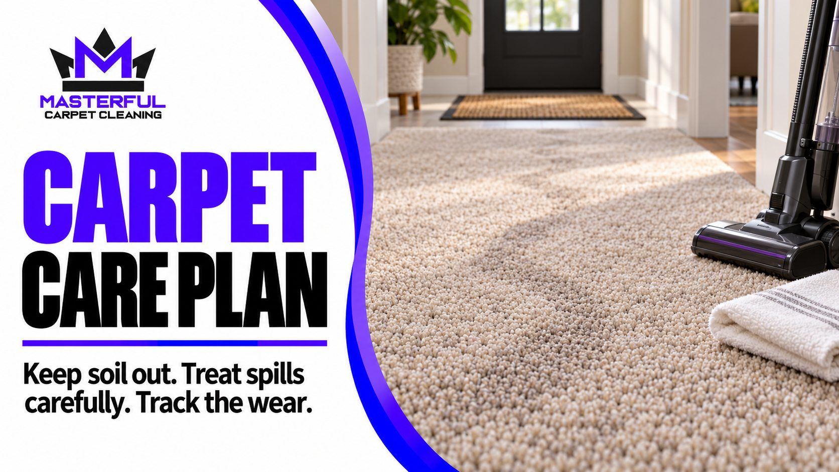Masterful Carpet Care Plan cover with verified purple and black logo, entry mat, carpet traffic lane, vacuum and cloth, and text to keep soil out, treat spills carefully and track wear