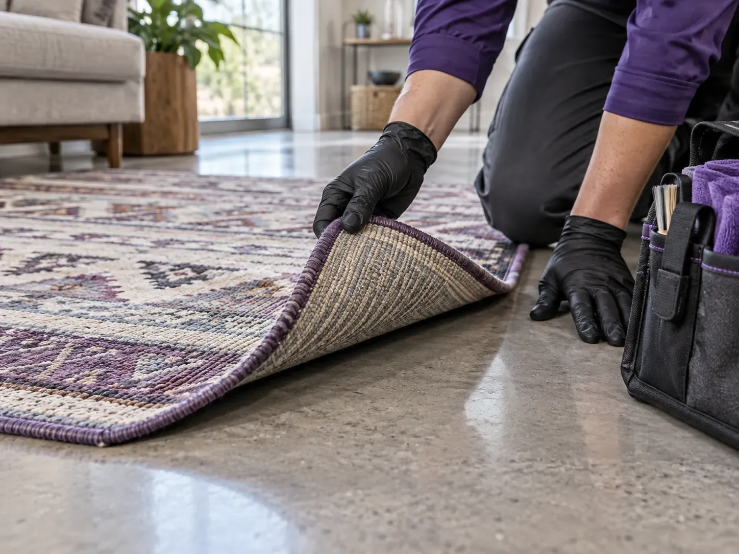 Technician lifting the edge of a removable area rug to inspect its backing