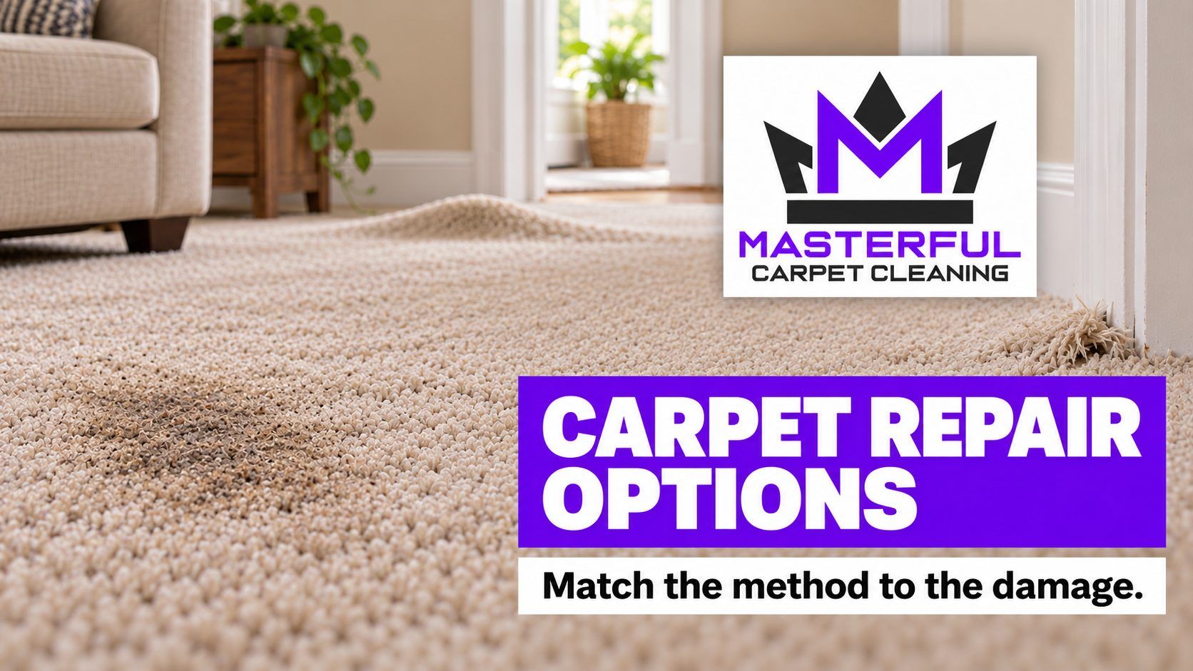 Masterful Carpet Cleaning cover with purple and black logo showing carpet soil, a raised ripple and a frayed edge, reading Carpet Repair Options